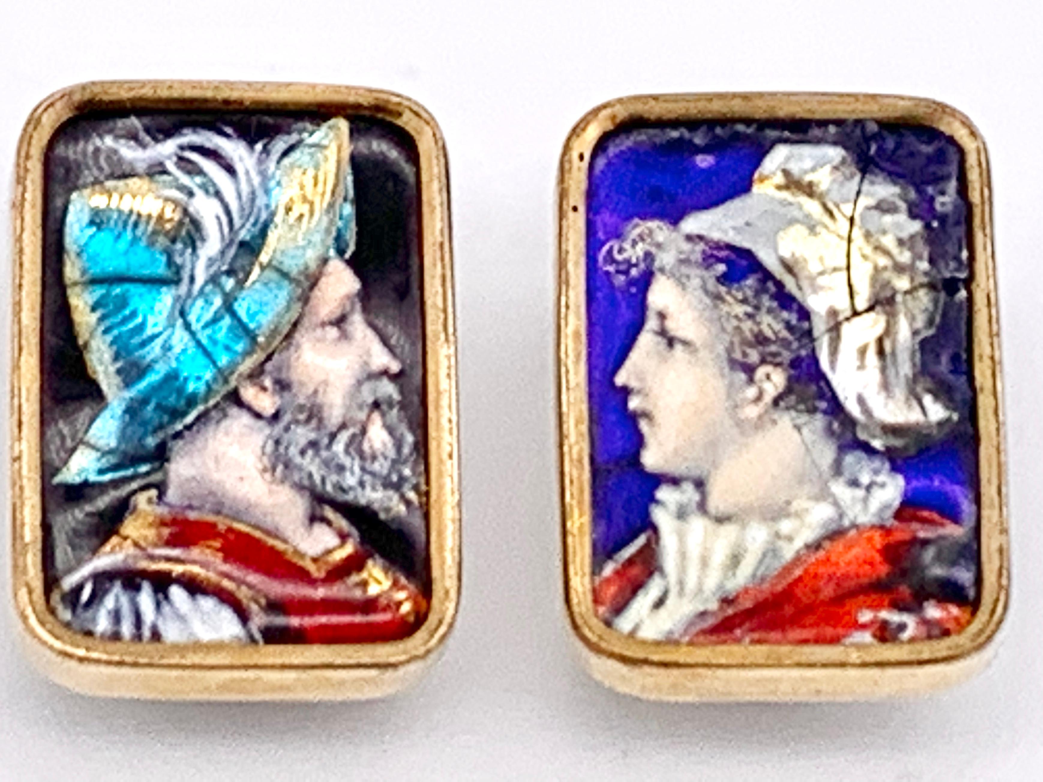 Women's or Men's Antique Limoges Neorenaissance Enamel Soldier Beauty Buttons Cufflinks For Sale