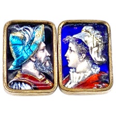 Antique Limoges Neorenaissance Enamel Soldier Beauty Buttons Cufflinks