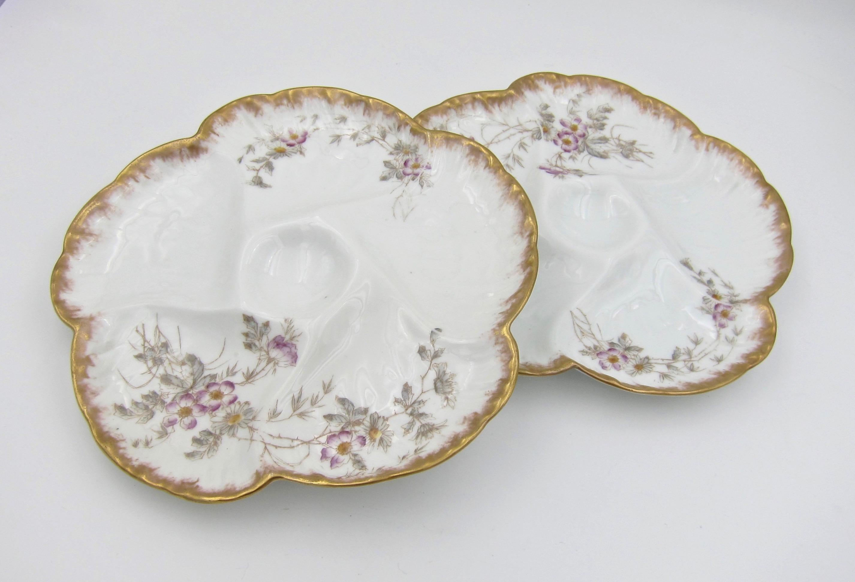 Victorian Antique Limoges Porcelain French Oyster Plate Pair, 1880s