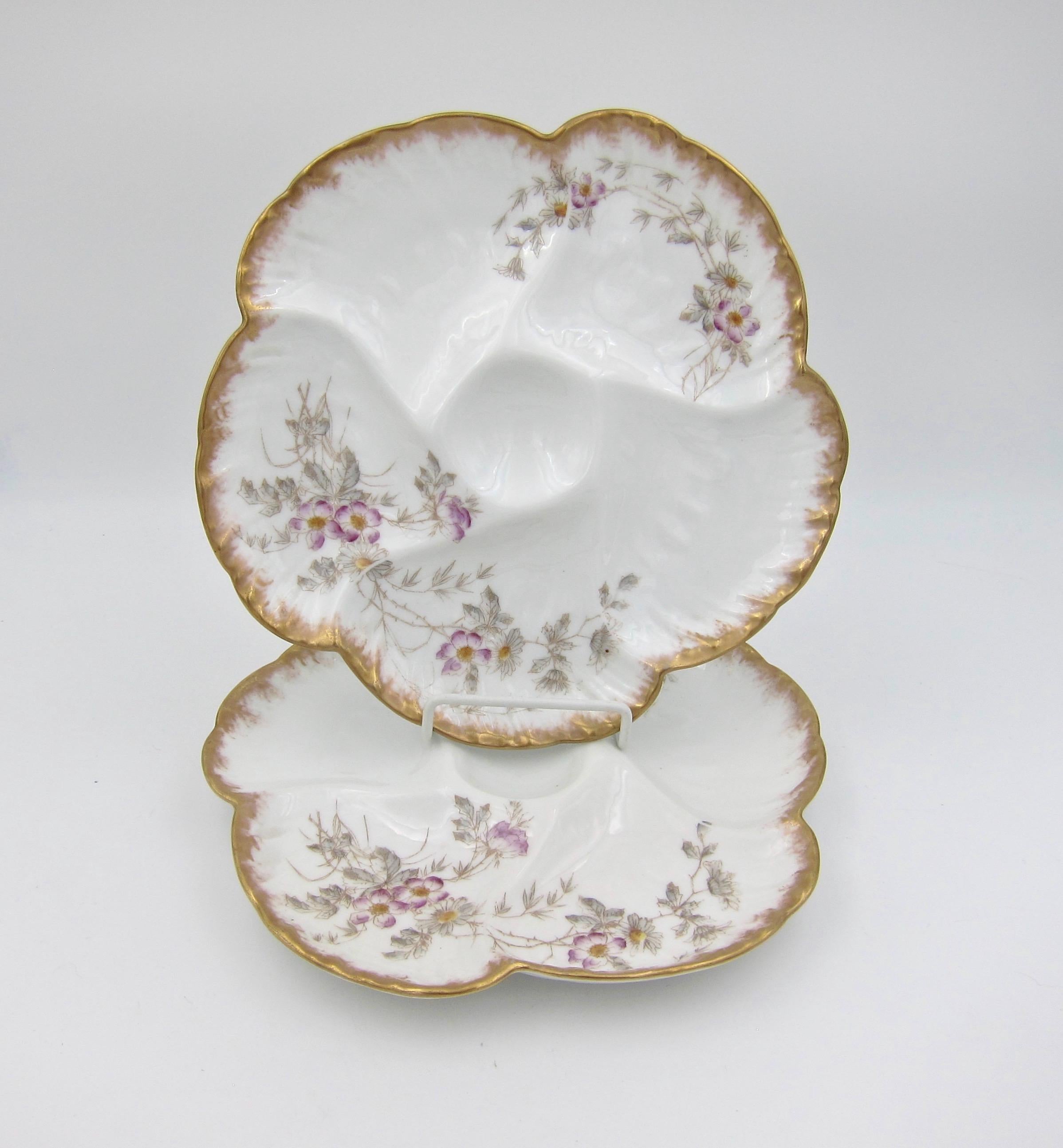 Hand-Painted Antique Limoges Porcelain French Oyster Plate Pair, 1880s