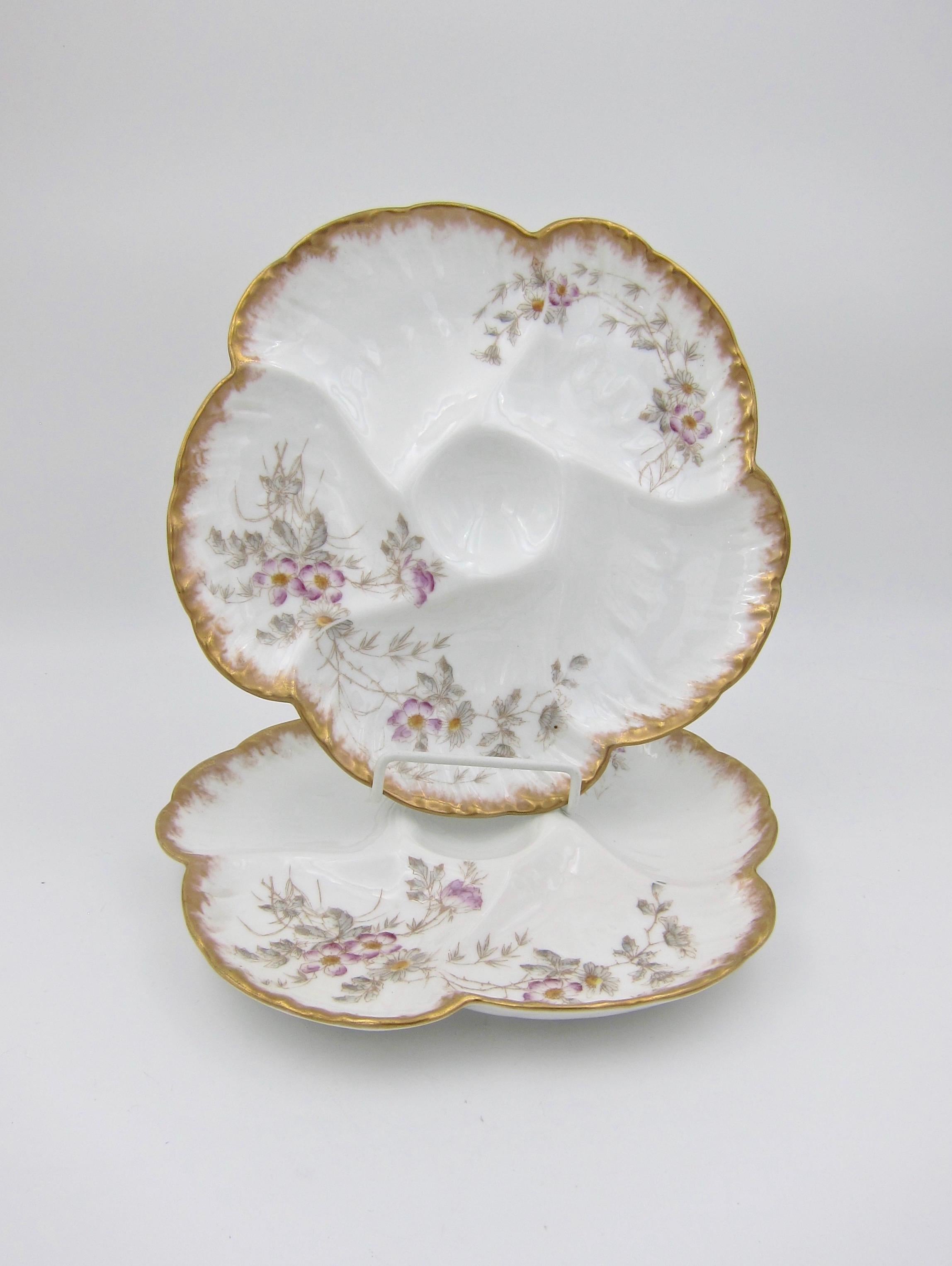 19th Century Antique Limoges Porcelain French Oyster Plate Pair, 1880s