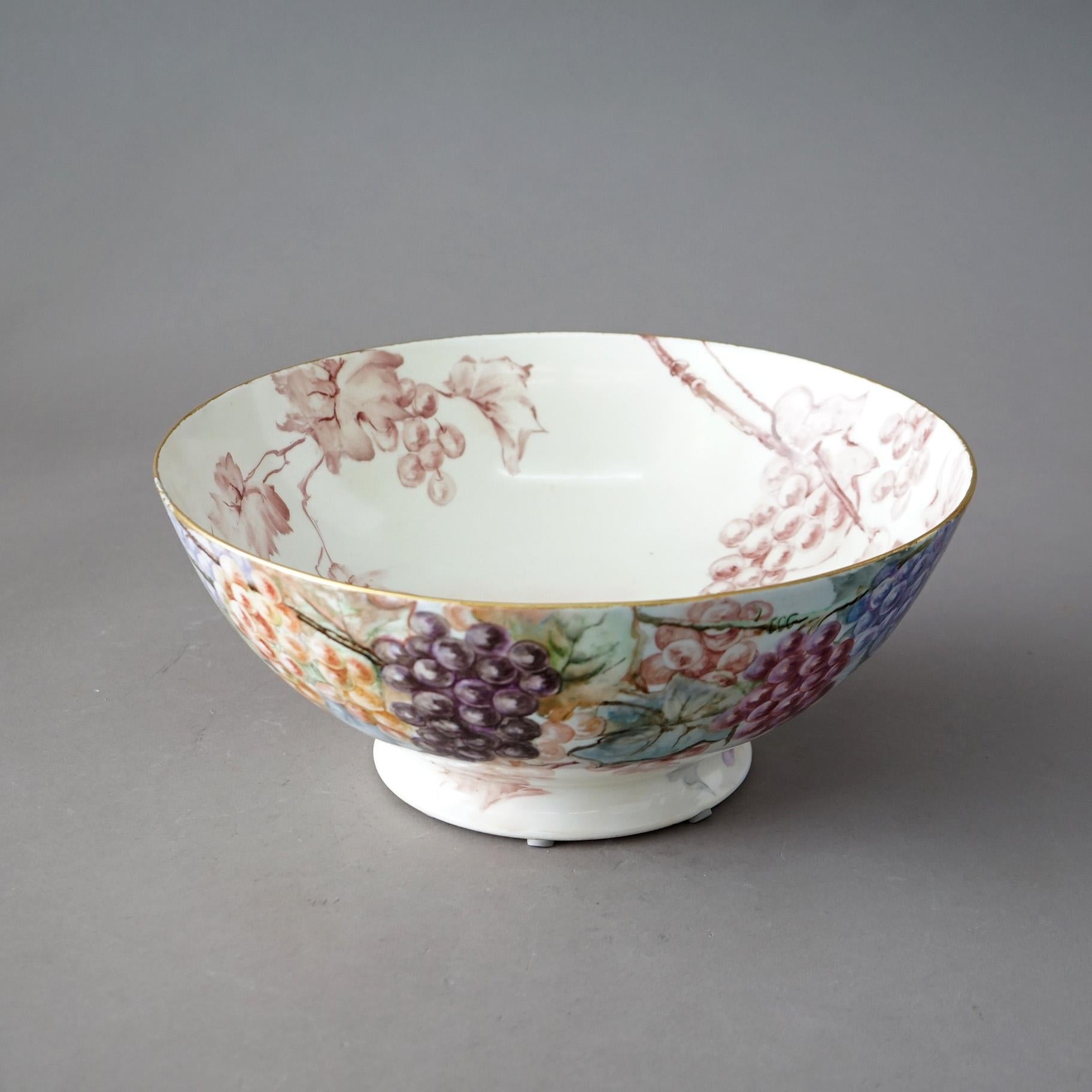 Hand-Painted Antique Limoges Porcelain Hand Painted Floral, Grape & Spider Web Bowl C1900 For Sale