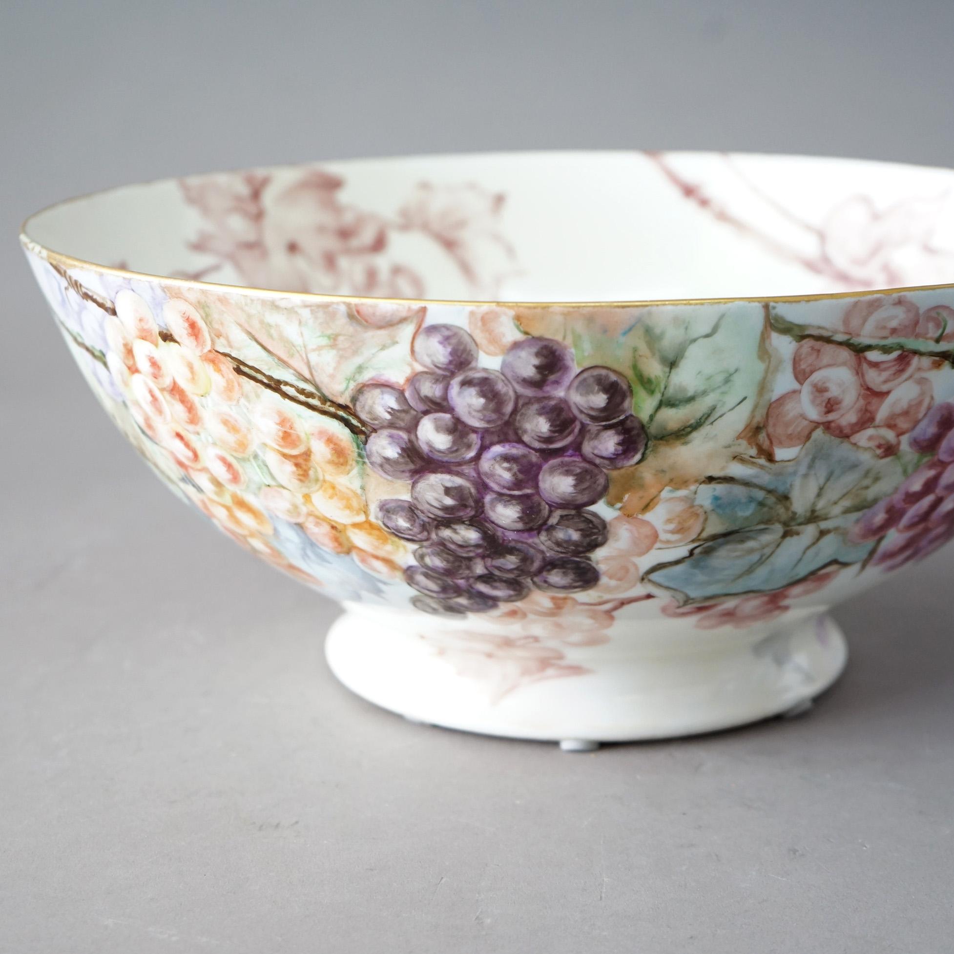 Antique Limoges Porcelain Hand Painted Floral, Grape & Spider Web Bowl C1900 In Good Condition For Sale In Big Flats, NY