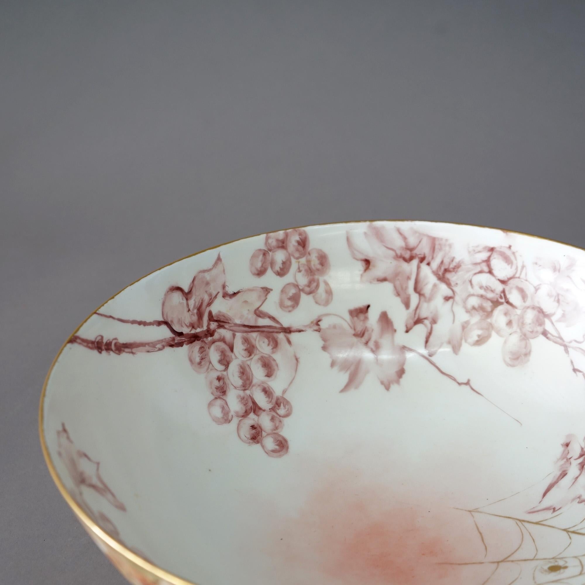 20th Century Antique Limoges Porcelain Hand Painted Floral, Grape & Spider Web Bowl C1900 For Sale