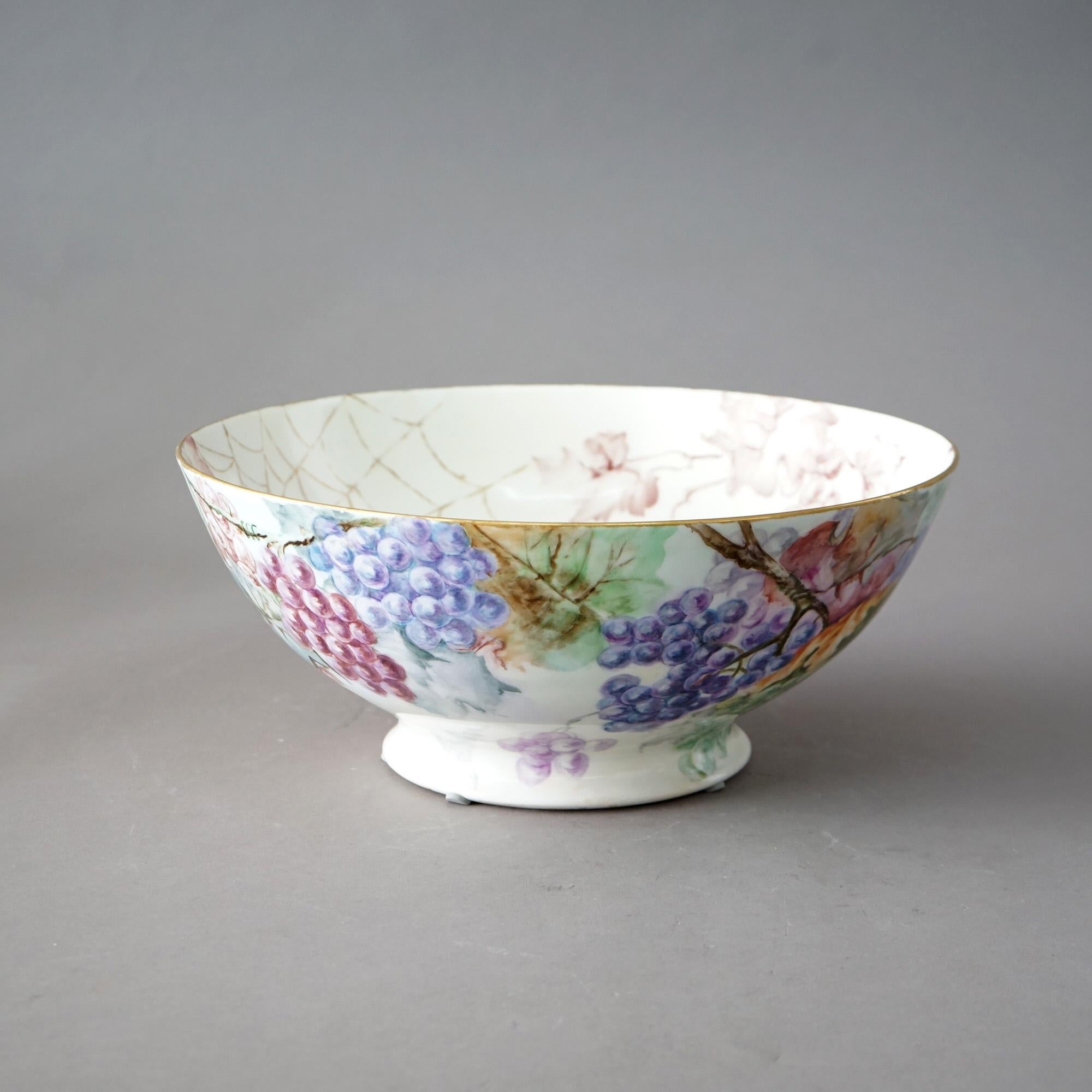 Antique Limoges Porcelain Hand Painted Floral, Grape & Spider Web Bowl C1900 For Sale 2