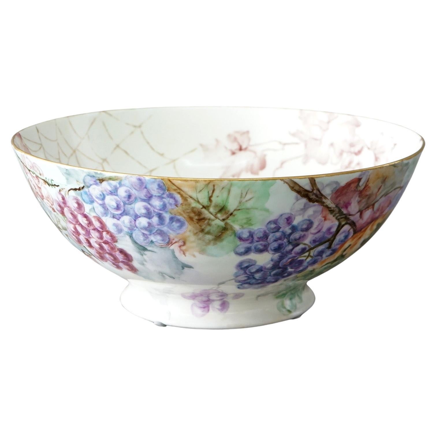 Antique Limoges Porcelain Hand Painted Floral, Grape & Spider Web Bowl C1900 For Sale