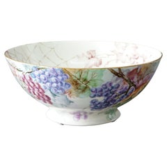 Antique Limoges Porcelain Hand Painted Floral, Grape & Spider Web Bowl C1900