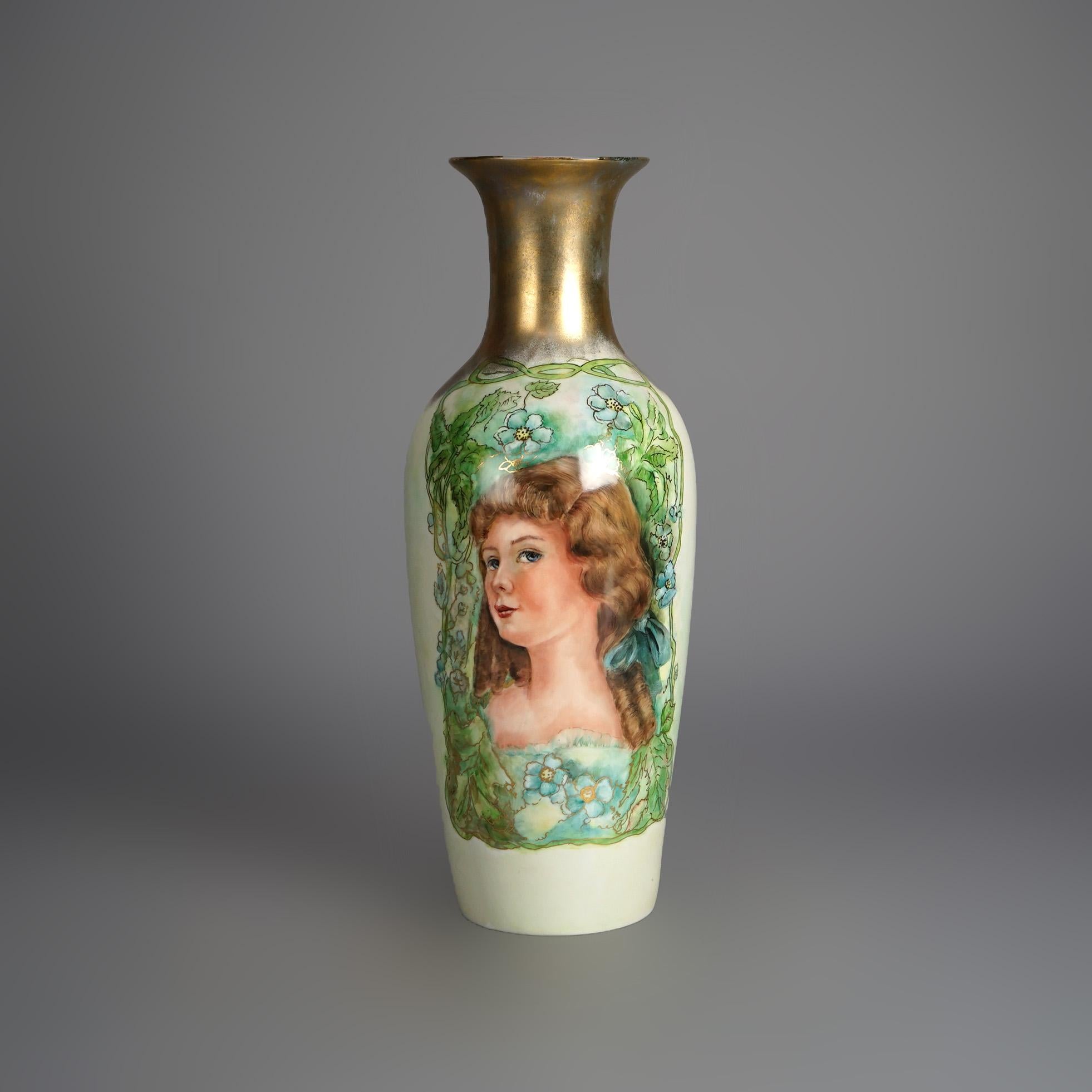 French Antique Limoges Porcelain Hand Painted & Gilt Portrait Vase, Young Woman, c1910