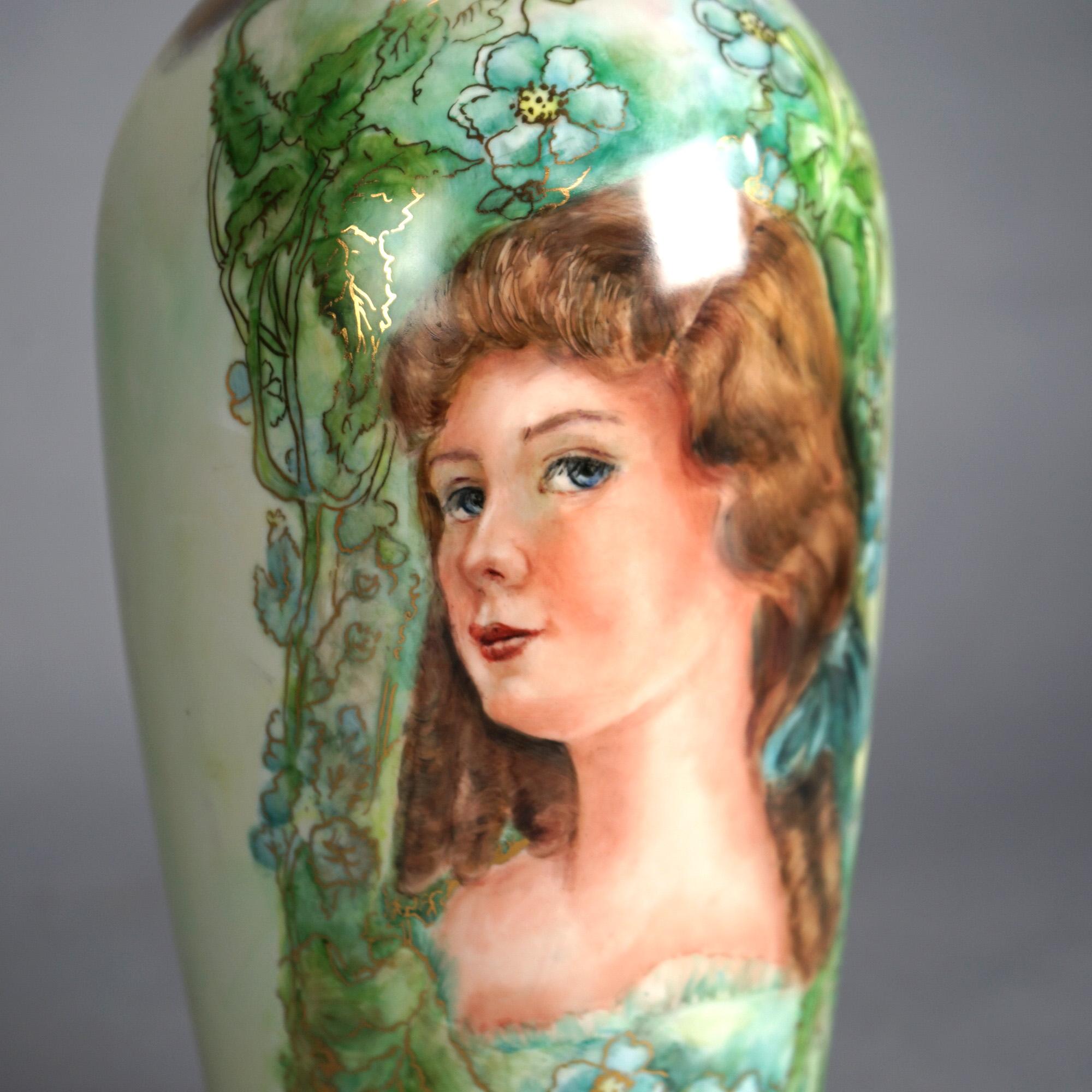 Antique Limoges Porcelain Hand Painted & Gilt Portrait Vase, Young Woman, c1910 In Good Condition For Sale In Big Flats, NY