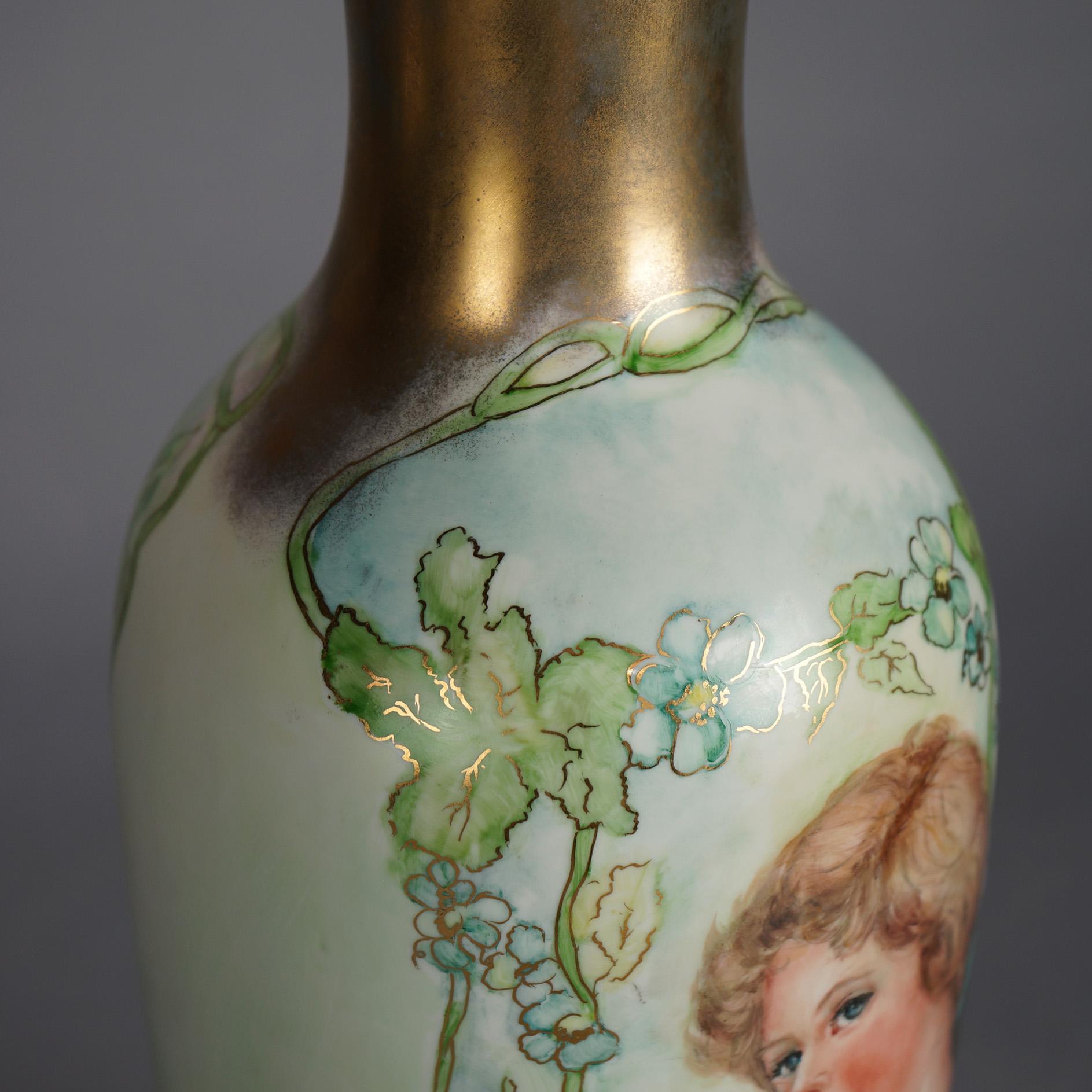 20th Century Antique Limoges Porcelain Hand Painted & Gilt Portrait Vase, Young Woman, c1910