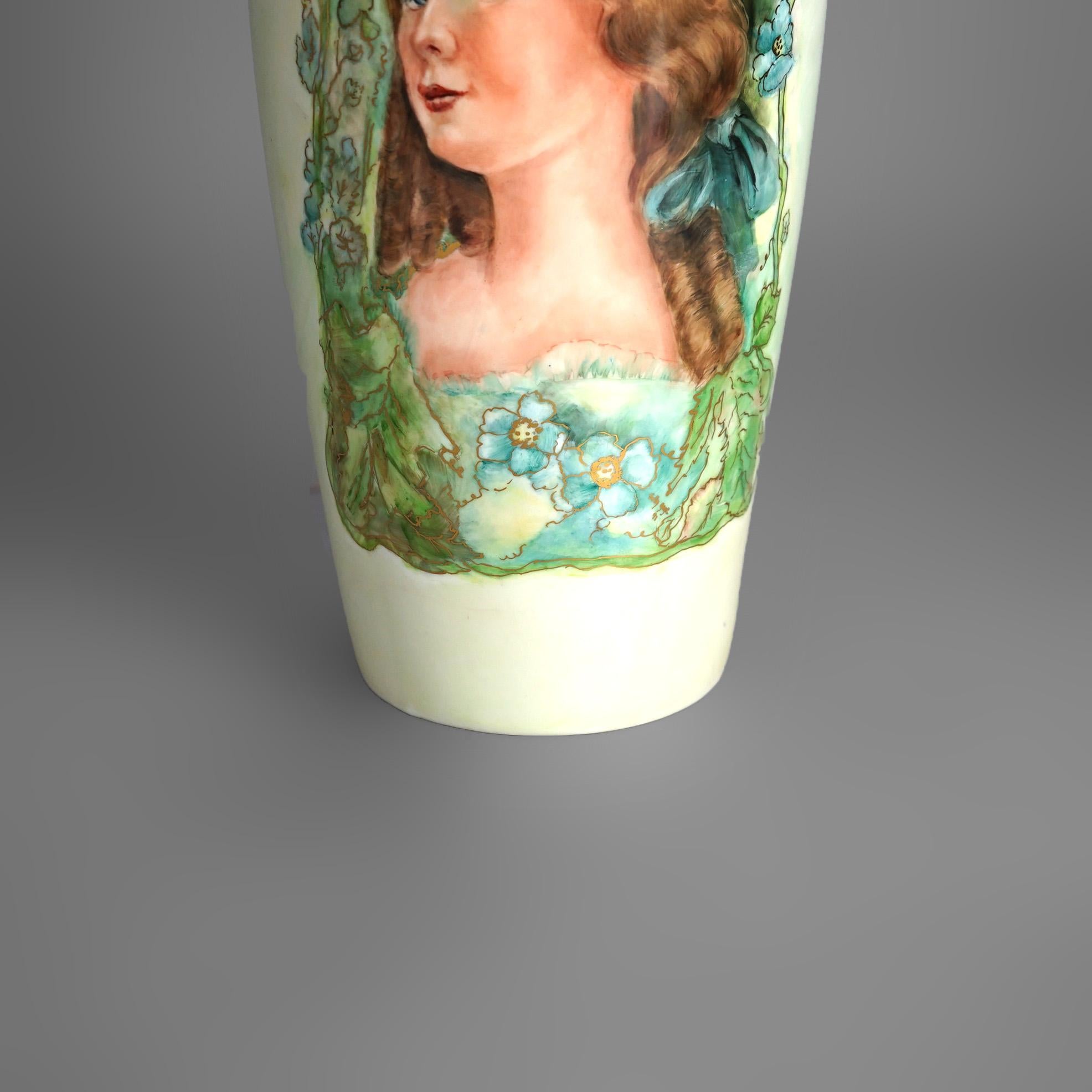 Antique Limoges Porcelain Hand Painted & Gilt Portrait Vase, Young Woman, c1910 1