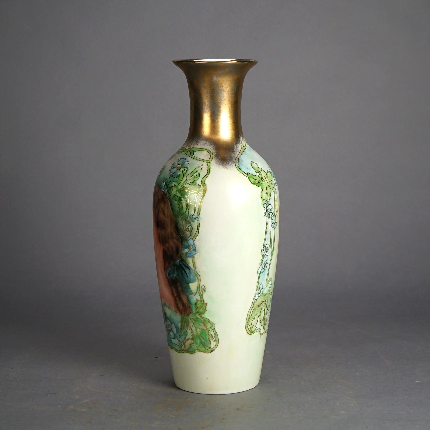 Antique Limoges Porcelain Hand Painted & Gilt Portrait Vase, Young Woman, c1910 2