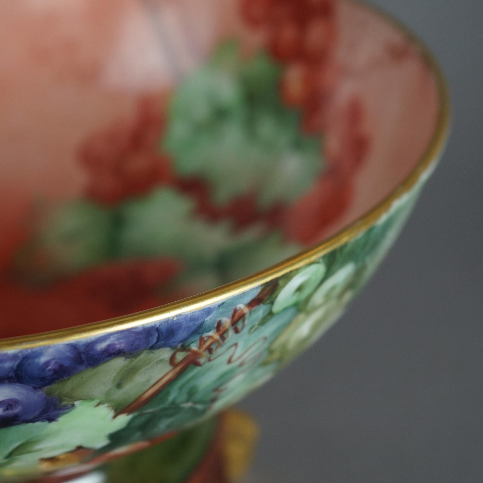 Antique Limogés Porcelain Hand Painted Grape & Gilt Punch Bowl on Pedestal C1900 4