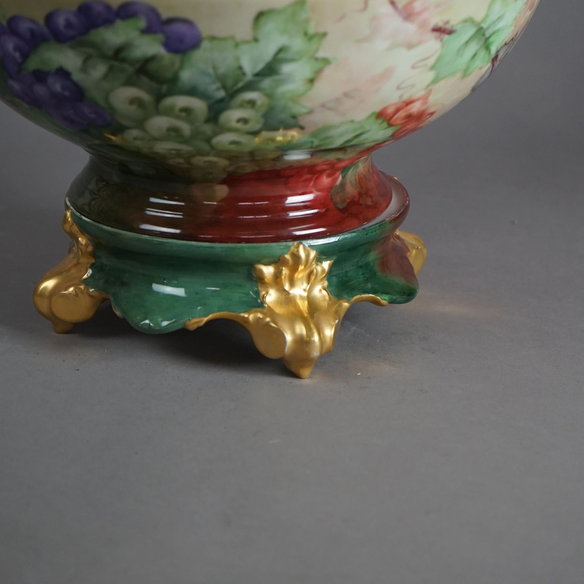 Antique Limogés Porcelain Hand Painted Grape & Gilt Punch Bowl on Pedestal C1900 5