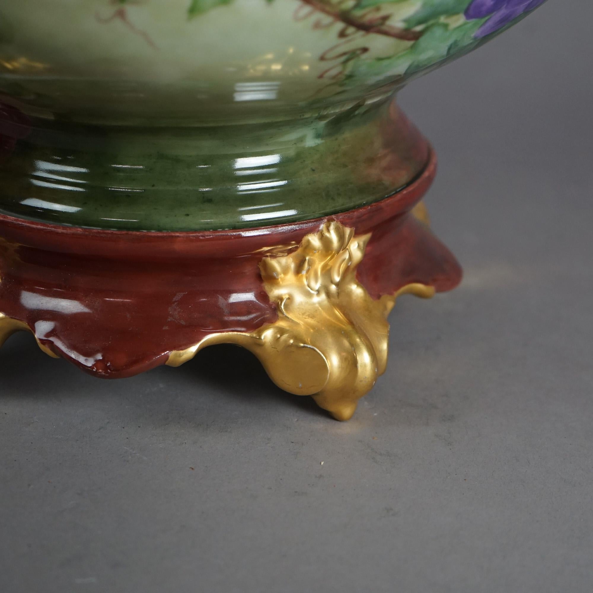 Antique Limogés Porcelain Hand Painted Grape & Gilt Punch Bowl on Pedestal C1900 6