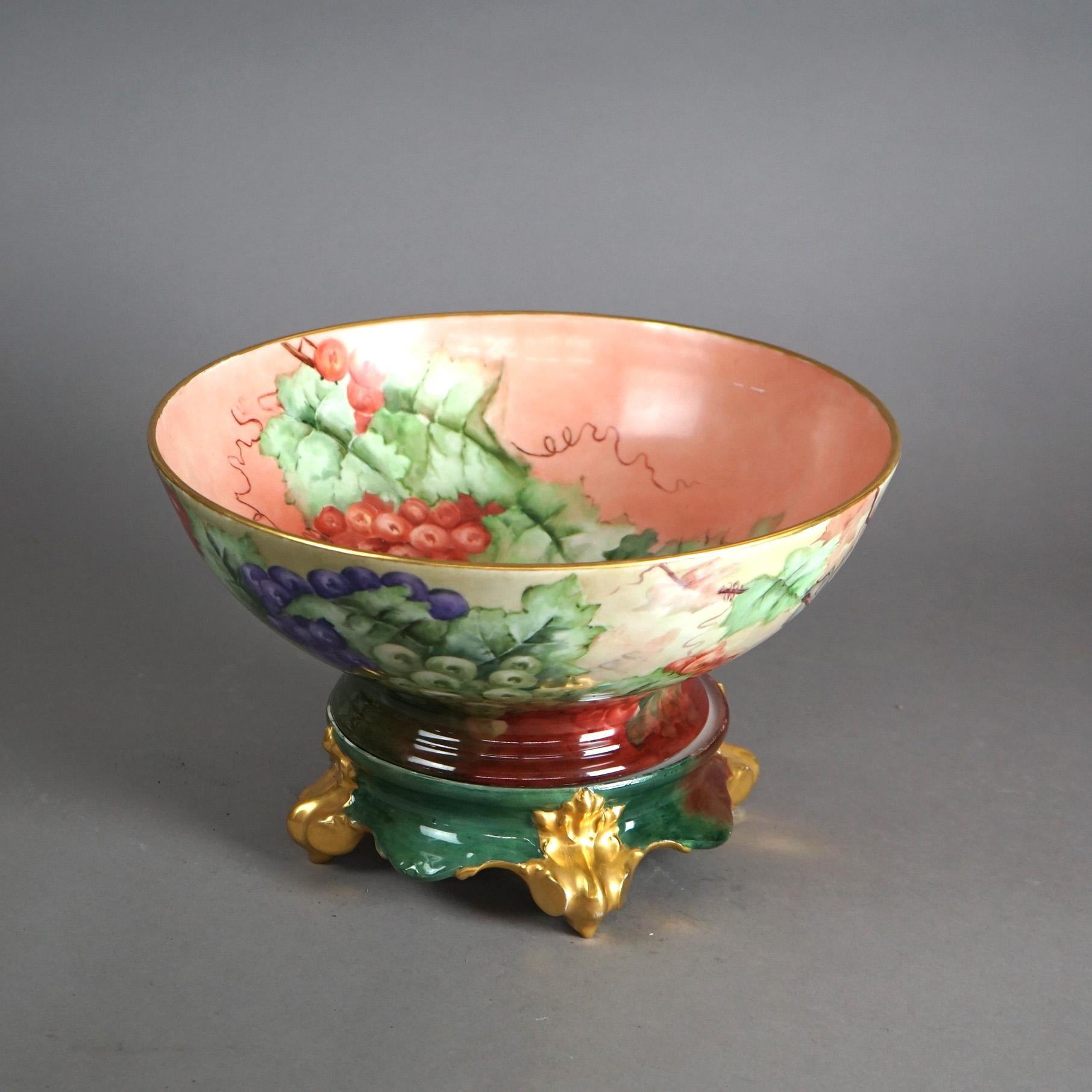 French Antique Limogés Porcelain Hand Painted Grape & Gilt Punch Bowl on Pedestal C1900