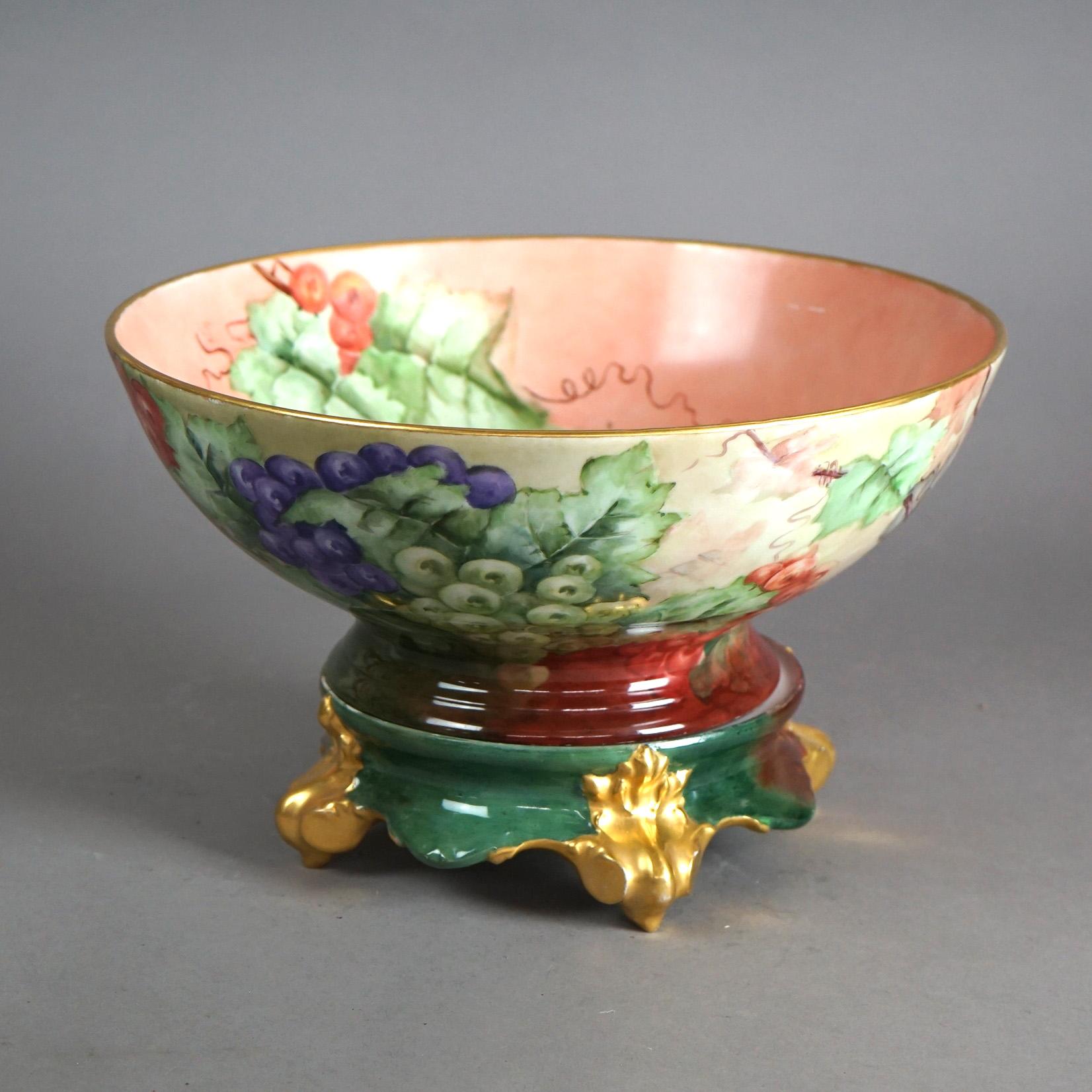 Antique Limogés Porcelain Hand Painted Grape & Gilt Punch Bowl on Pedestal C1900 In Good Condition In Big Flats, NY