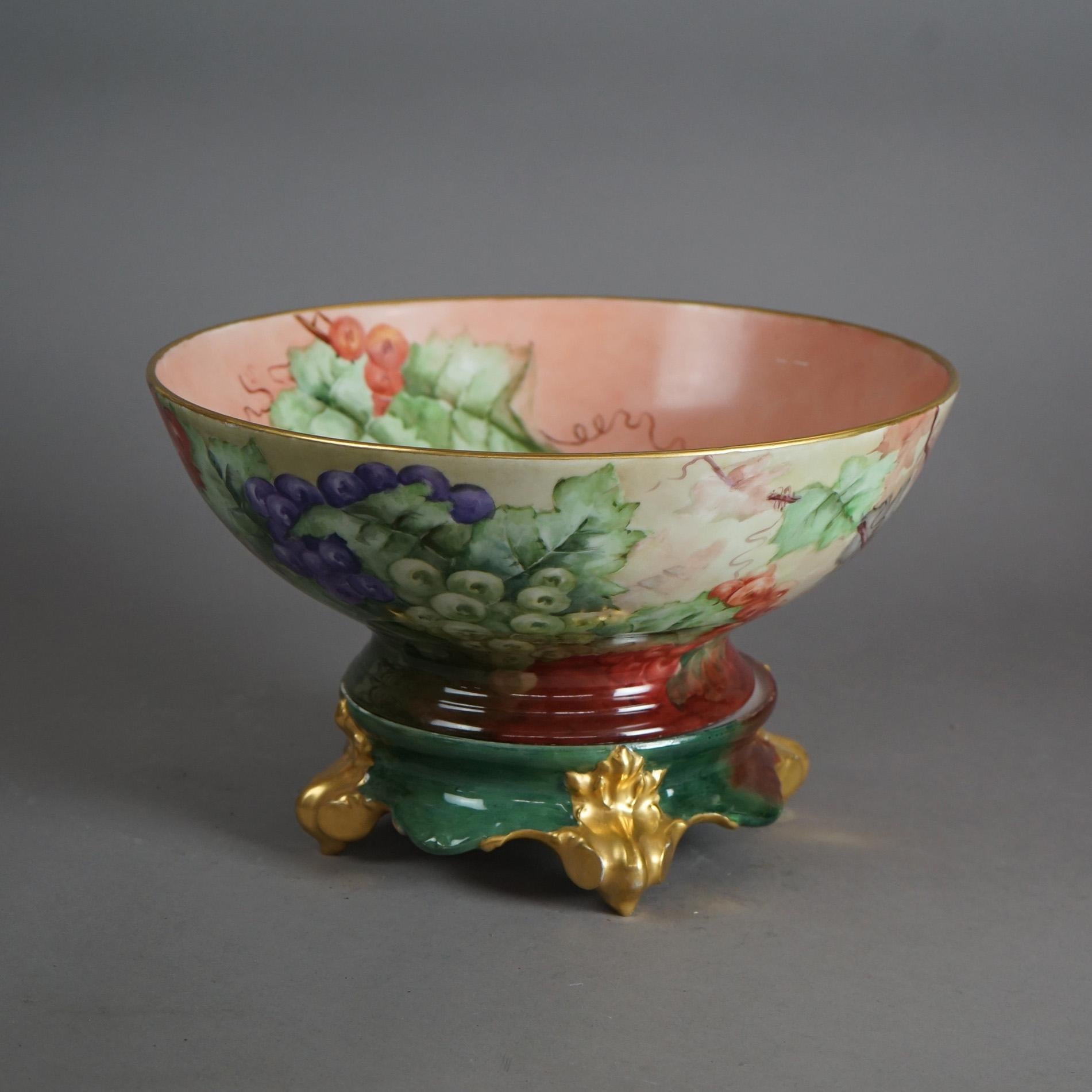 20th Century Antique Limogés Porcelain Hand Painted Grape & Gilt Punch Bowl on Pedestal C1900