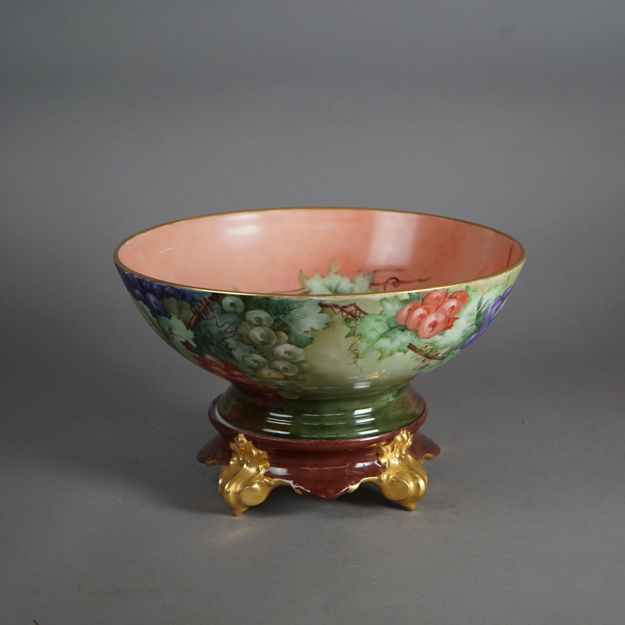 Antique Limogés Porcelain Hand Painted Grape & Gilt Punch Bowl on Pedestal C1900 1