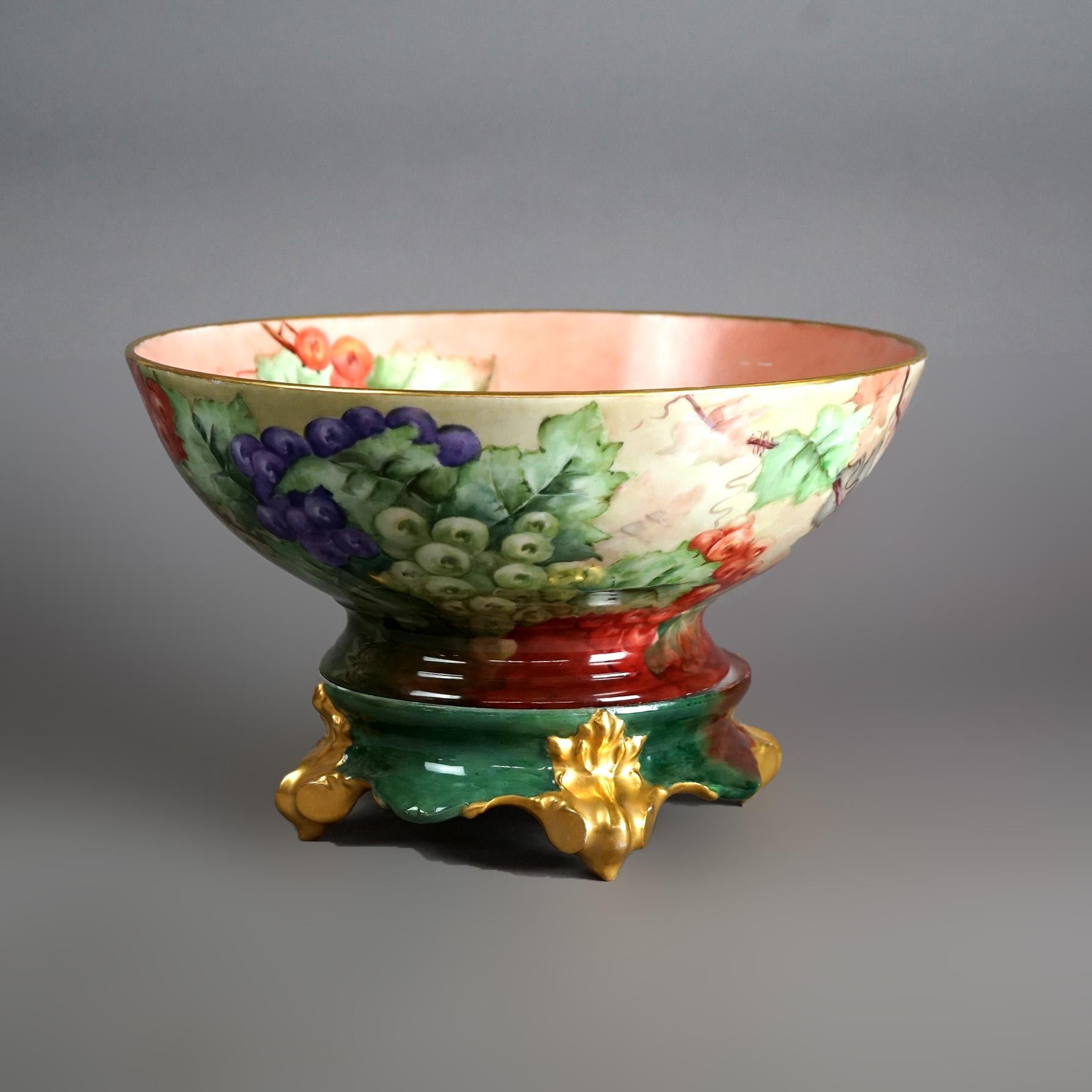 Antique Limogés Porcelain Hand Painted Grape & Gilt Punch Bowl on Pedestal C1900 2