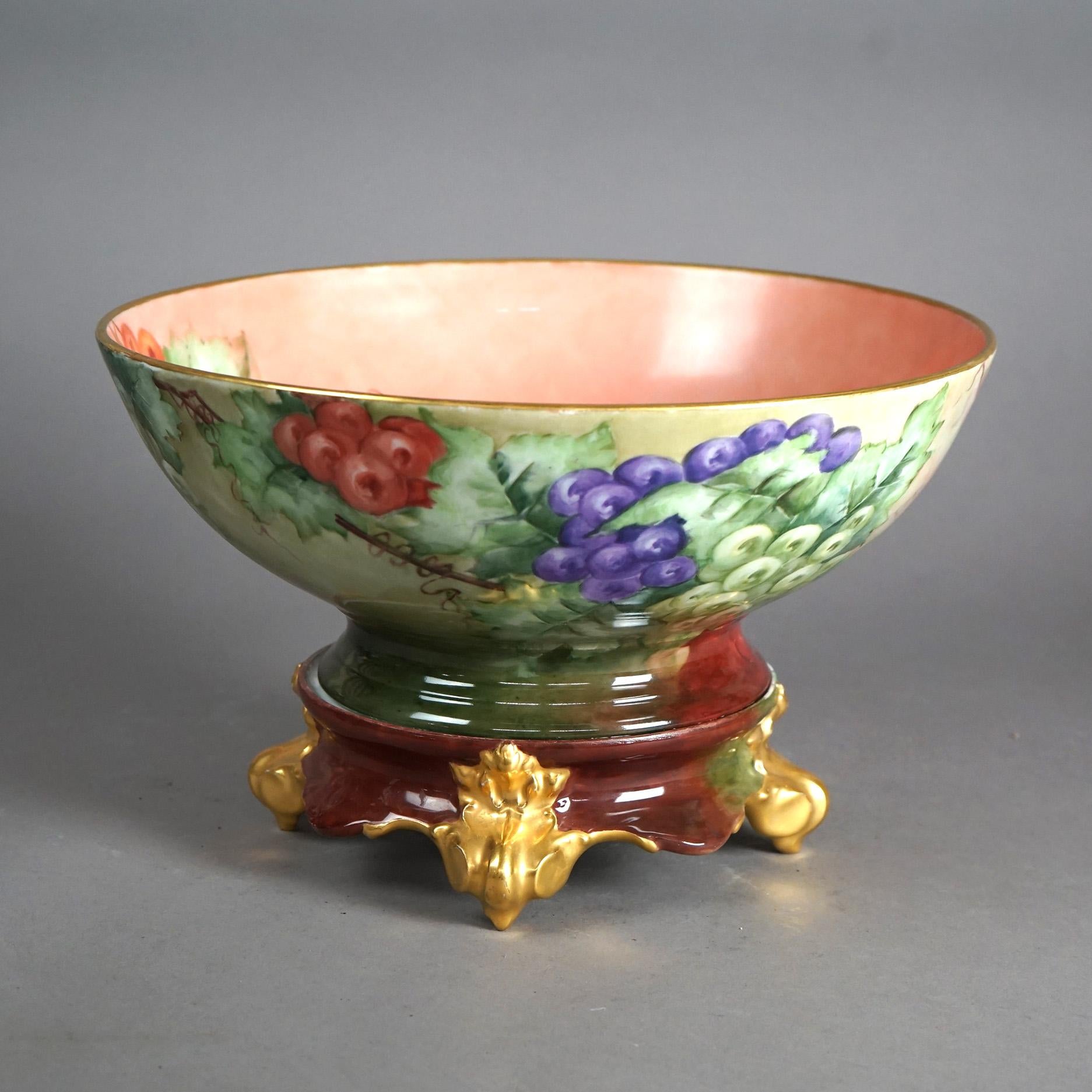Antique Limogés Porcelain Hand Painted Grape & Gilt Punch Bowl on Pedestal C1900 3