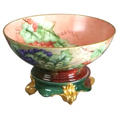 Antique Limogés Porcelain Hand Painted Grape & Gilt Punch Bowl on Pedestal C1900