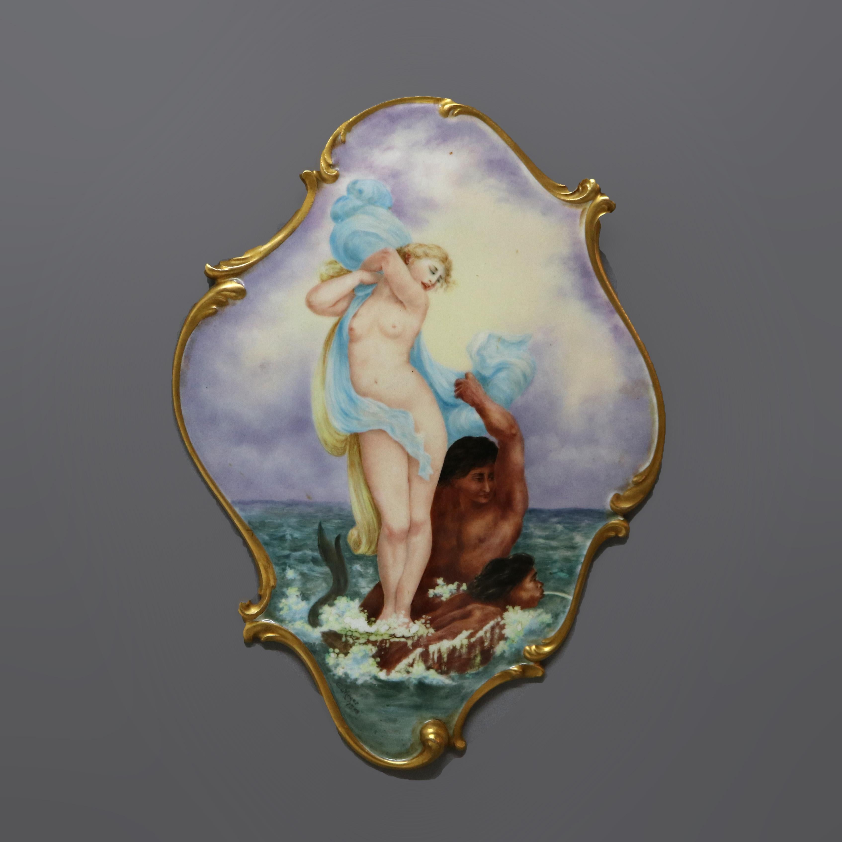 An antique and large French Limoges plaque by E. Meyers offers porcelain construction in stylized shield form and having gilt scroll trim with hand painted seascape having mermaid and nymph, artist signed as photographed, c1898

Measures - 12'' H