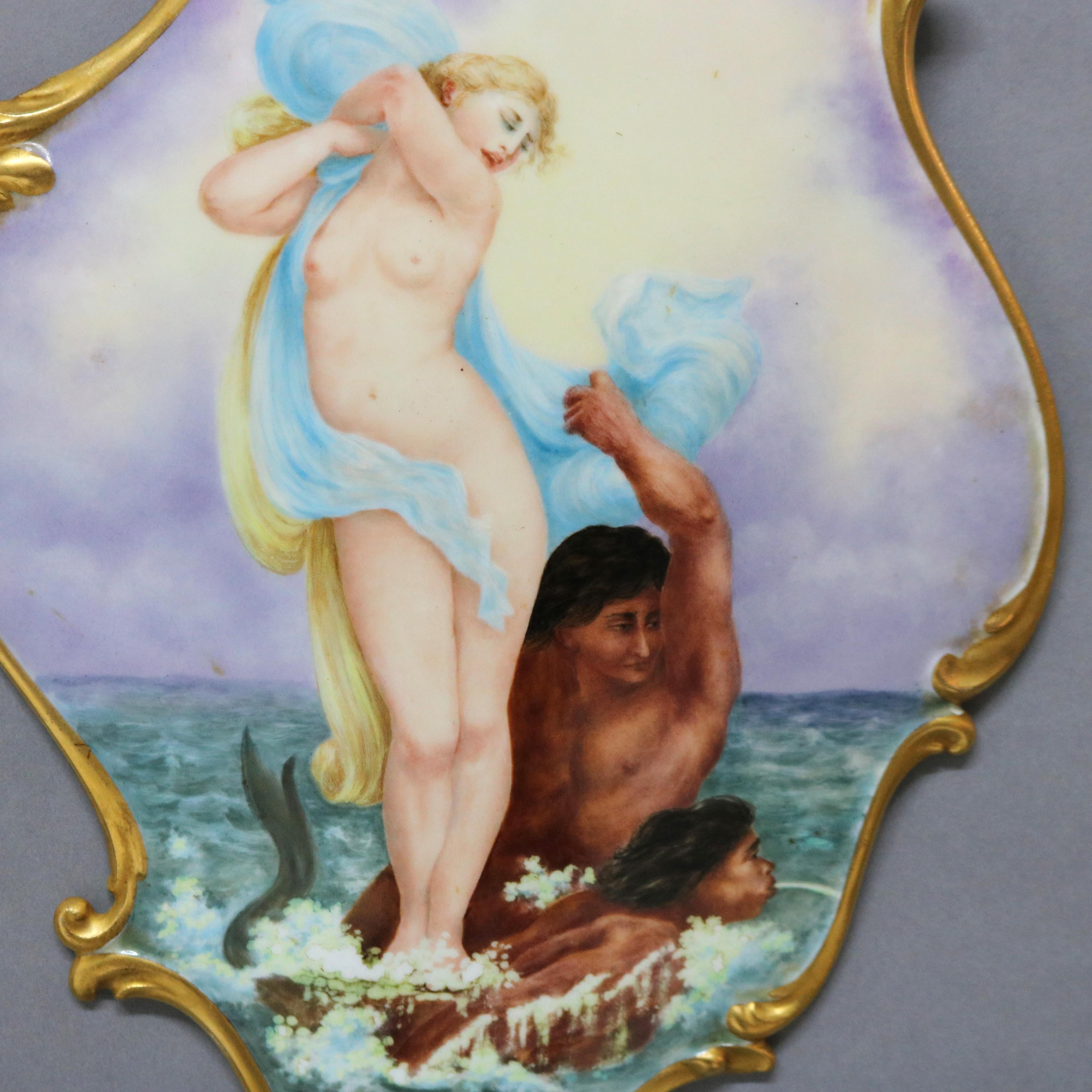 French Antique Limoges Porcelain Hand Painted Plaque, Nymph & Mermaids by E. Meyer 1898