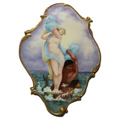 Antike antike handbemalte Plakette aus Limoges-Porzellan, Nymphe und Meerjungfrauen von E. Meyer 1898