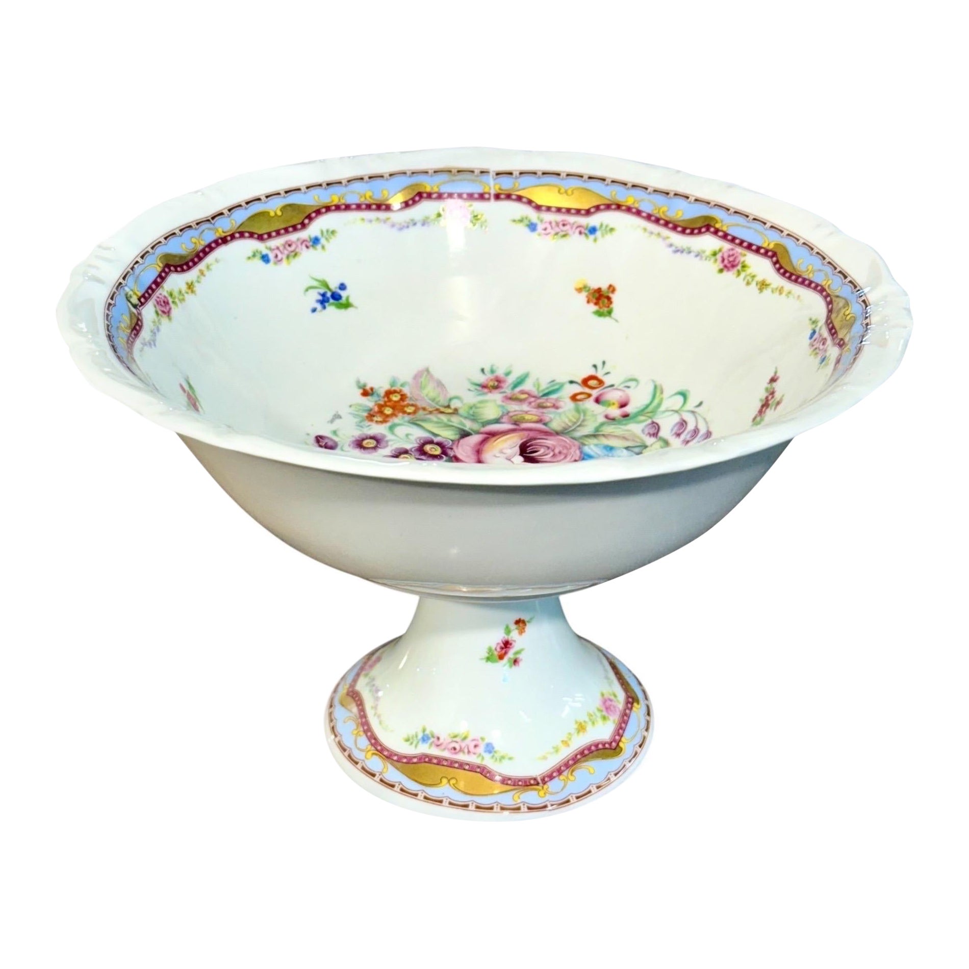 Antike Limoges-Porzellan-Sockelkompott mit handgemalten Blumenmotiven im Angebot