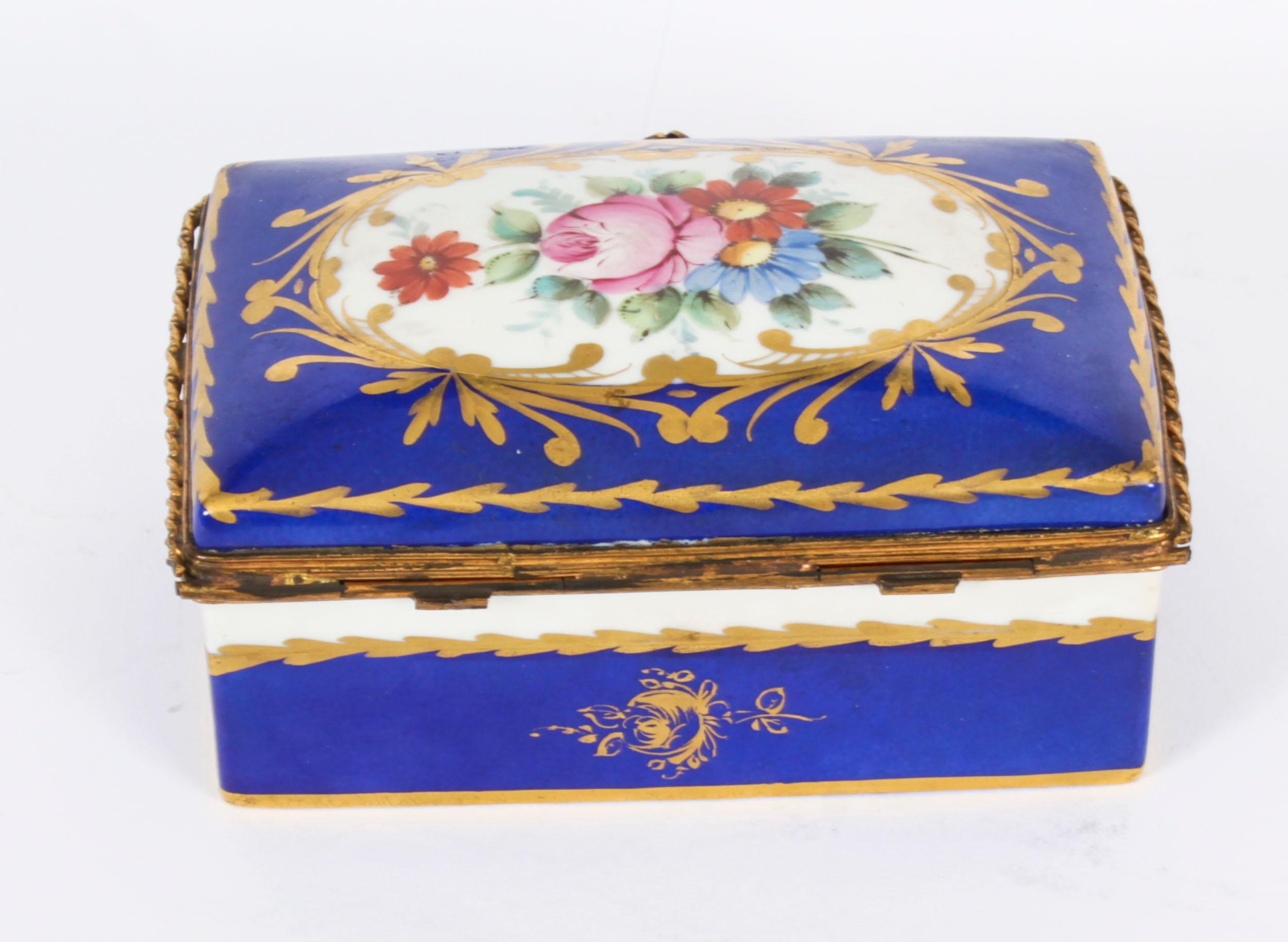 Porcelain Antique Limoges Royal Blue Ormolu Mounted Casket Box 19h Century For Sale