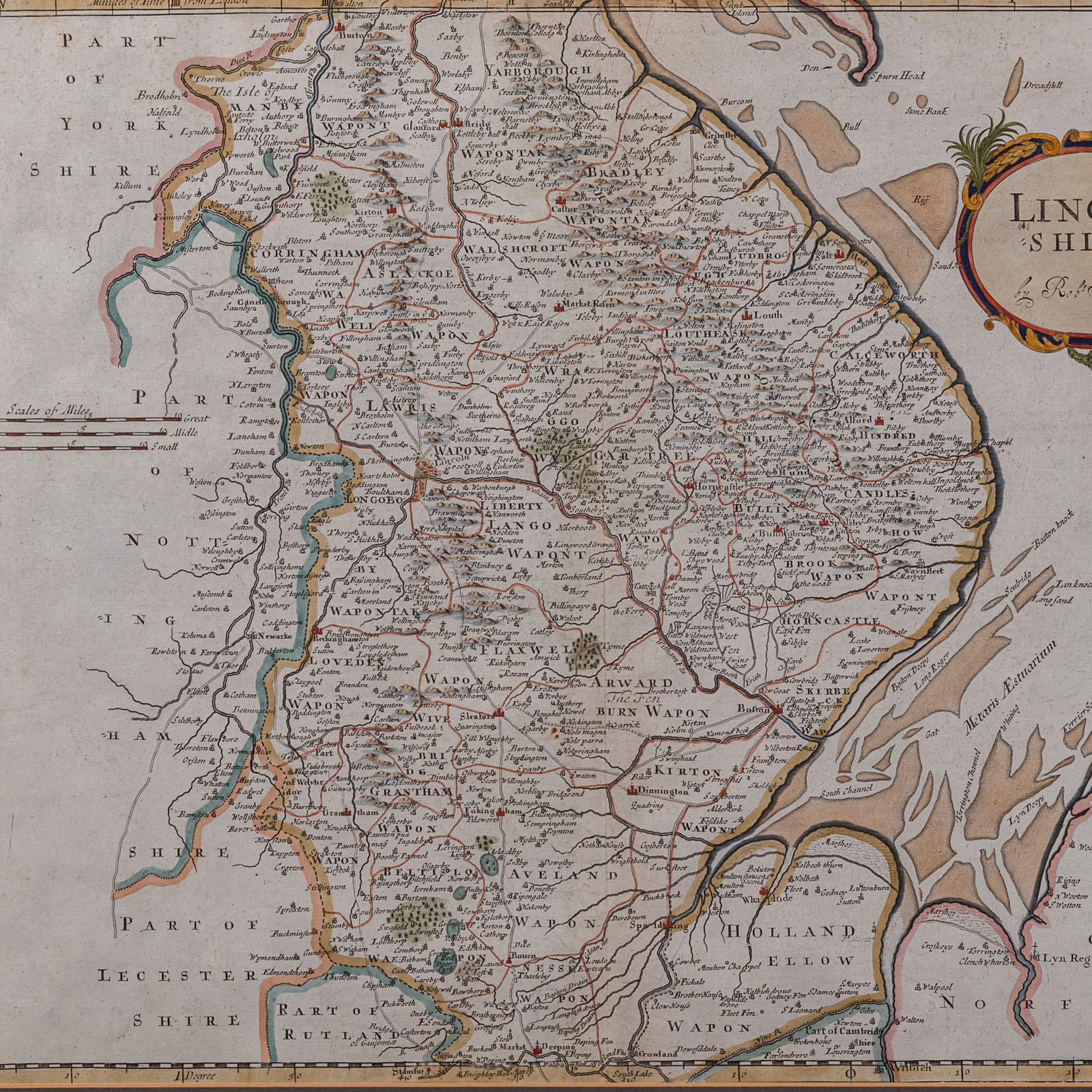 Britannique Carte ancienne du Lincolnshire, anglaise, cartographie du comté, Robert Morden, victorienne en vente