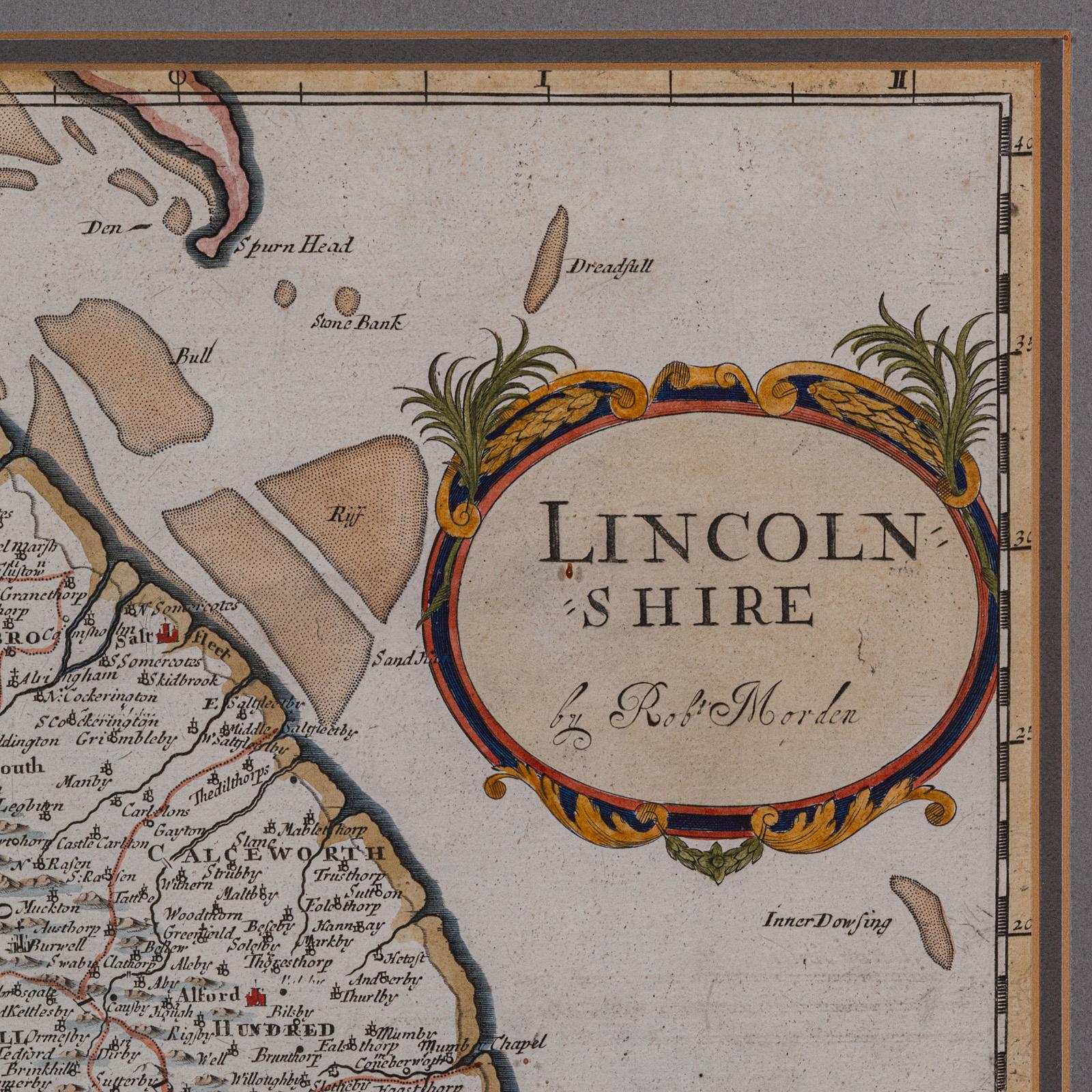 Carte ancienne du Lincolnshire, anglaise, cartographie du comté, Robert Morden, victorienne Bon état - En vente à Hele, Devon, GB