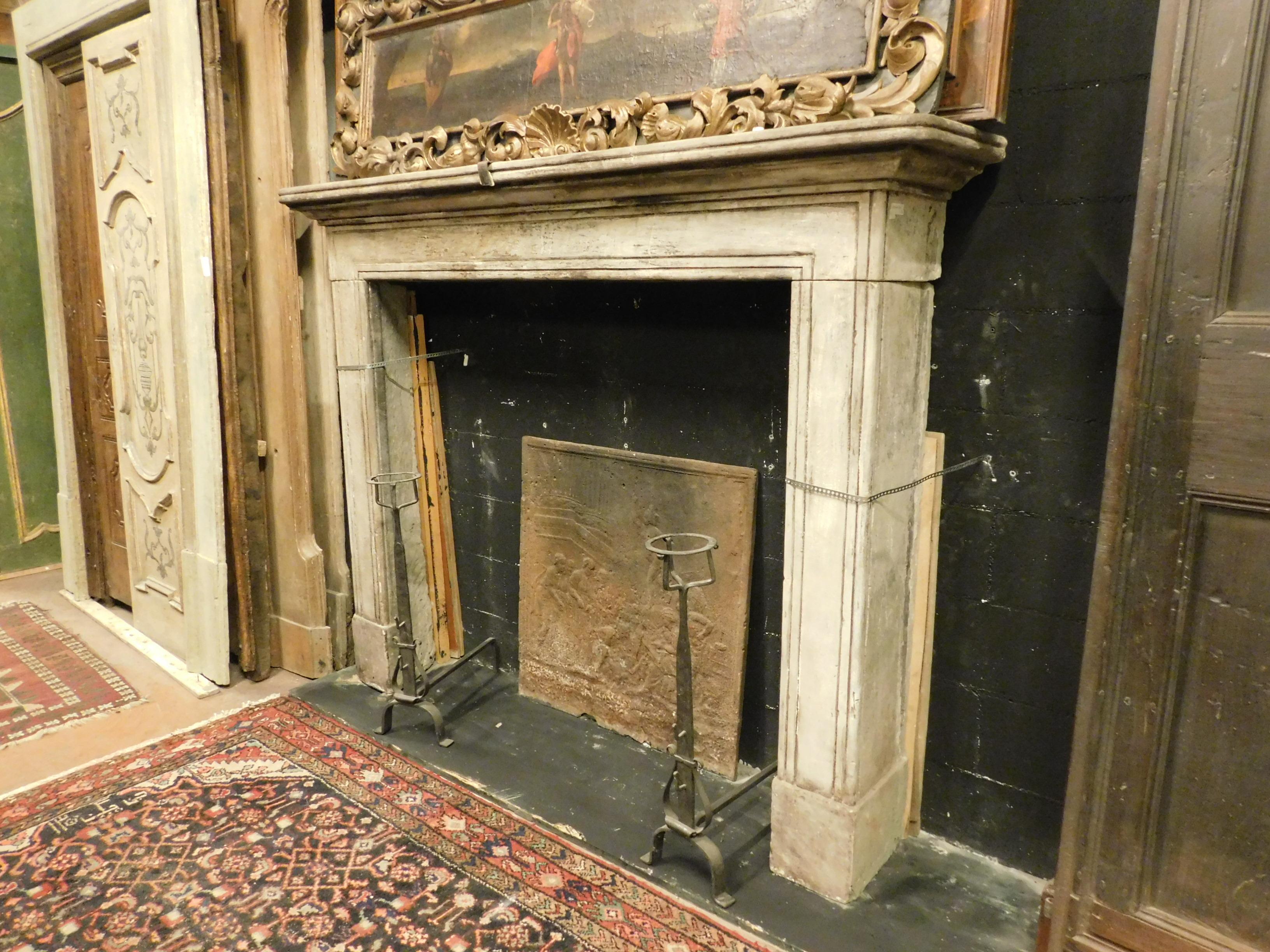 Hand-Carved Antique Linear Gray Stone Fireplace Mantel, 18th Century, Italy
