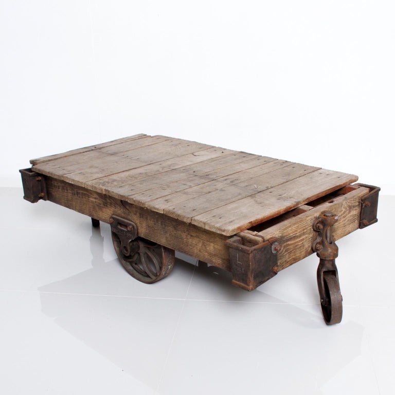 American Antique Lineberry Cart Coffee Table Industrial Cast Iron Wood N Carolina 1940s For Sale