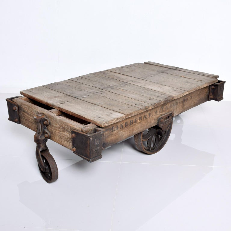 Antique Lineberry Cart Coffee Table Industrial Cast Iron Wood N Carolina 1940s For Sale 1