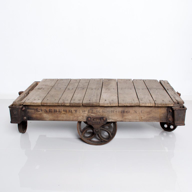 Antique Lineberry Cart Coffee Table Industrial Cast Iron Wood N Carolina 1940s For Sale 3