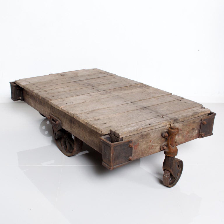 Antique Lineberry Cart Coffee Table Industrial Cast Iron Wood N Carolina 1940s For Sale 4