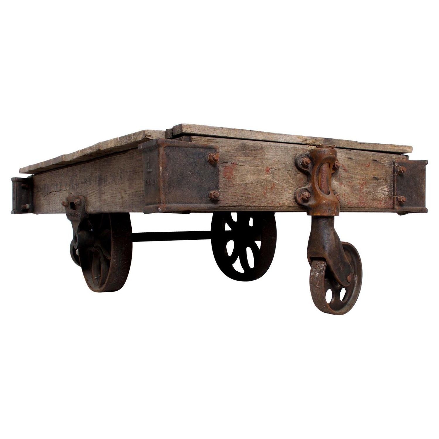 Antique Vintage Luggage Cart Coffee Table Circa 1920 With Cast Iron Wheels At 1stdibs