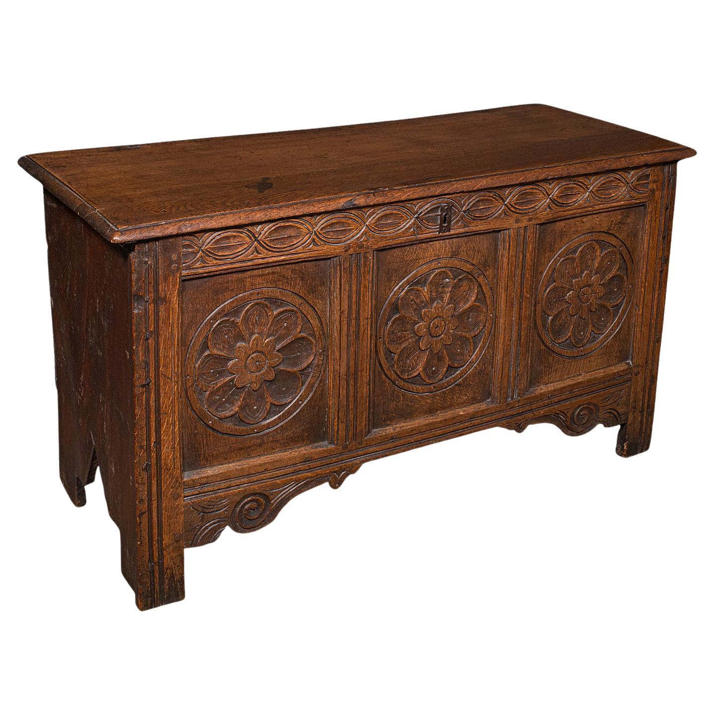 Antique Linen Chest, English, Carved Oak, Coffer, Bay Window Seat, William III For Sale