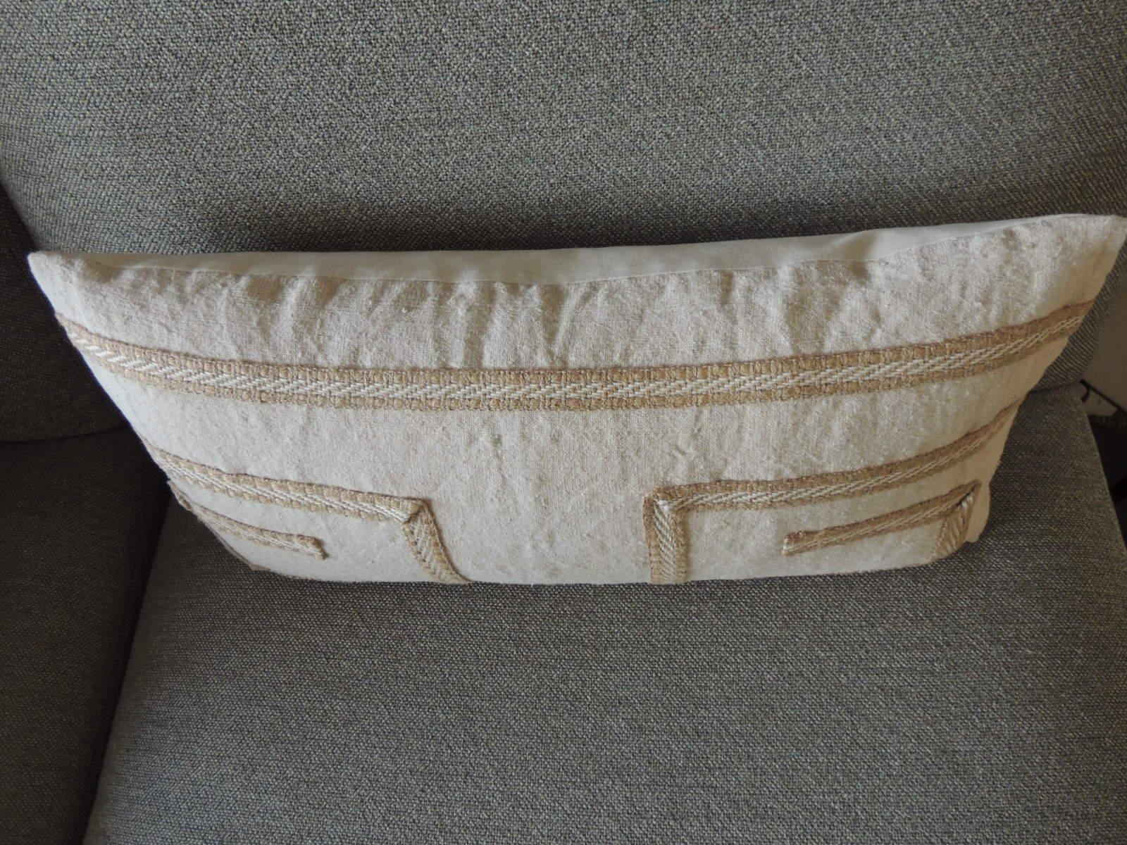Country Antique Linen Decorative Bolster Pillow with Vintage Jute Trim For Sale