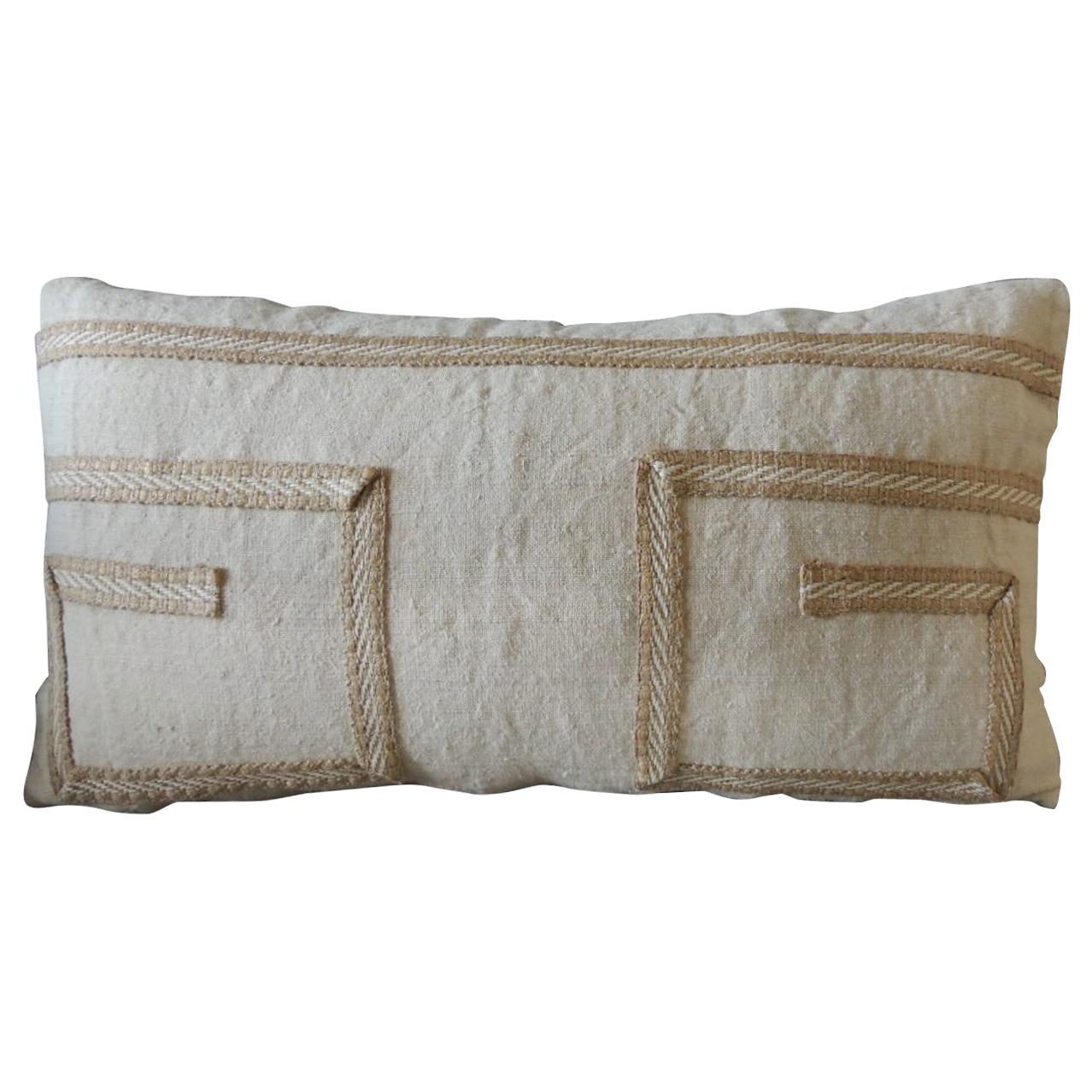 Antique Linen Decorative Bolster Pillow with Vintage Jute Trim For Sale