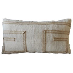 Antique Linen Decorative Bolster Pillow with Vintage Jute Trim
