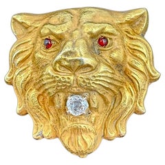 Antique Lion Brooch Diamond Yellow Gold Circa 1900