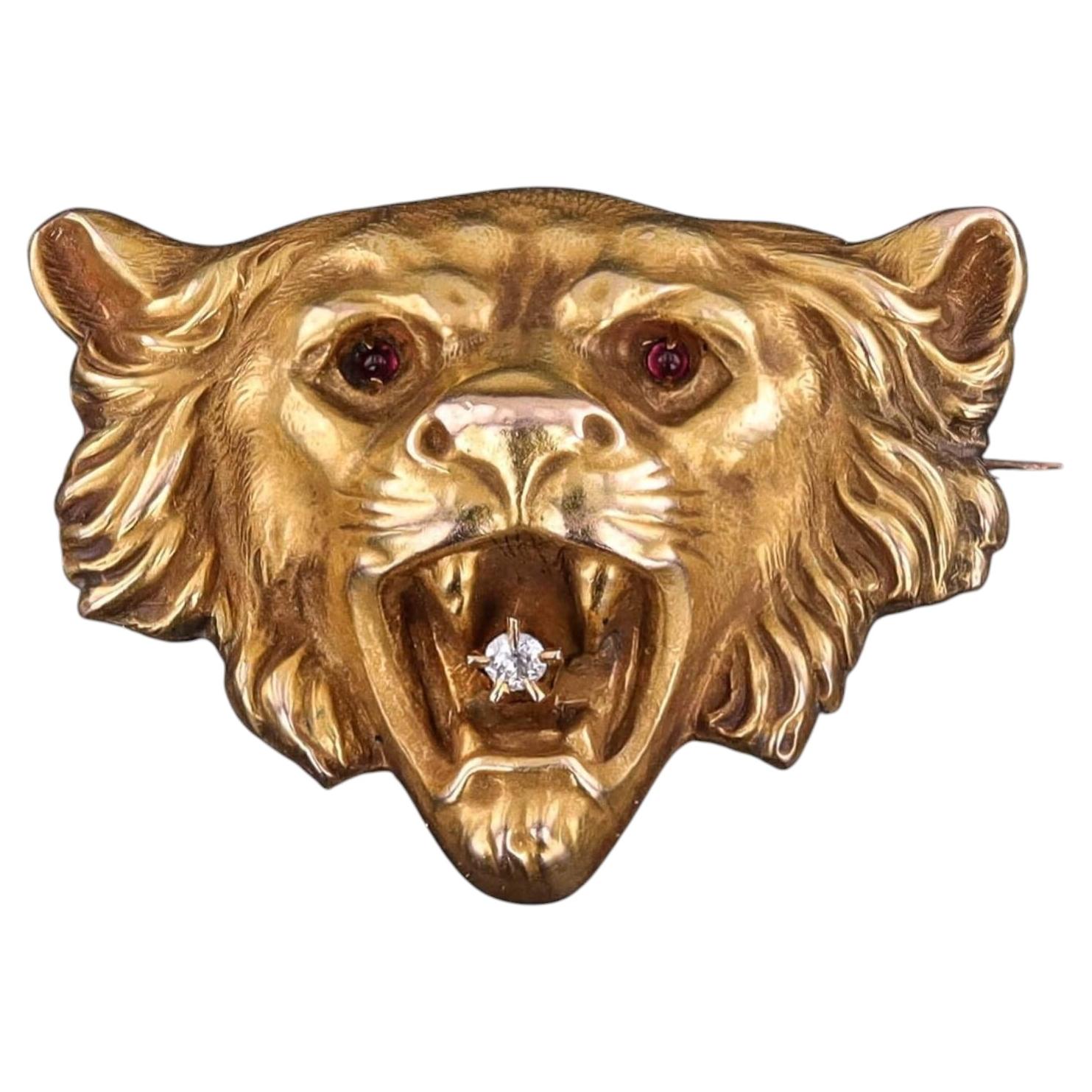 Broche antique en forme de lion en or 10 carats sertie d'un diamant, CIRCA 1900