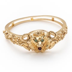 Antique Lion Form 14k Gold, Turquoise and Amethyst Bangle Bracelet