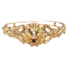 Antique Lion Form 14k Gold, Turquoise and Amethyst Bangle Bracelet