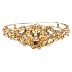Antique Lion Form 14k Gold, Turquoise and Amethyst Bangle Bracelet