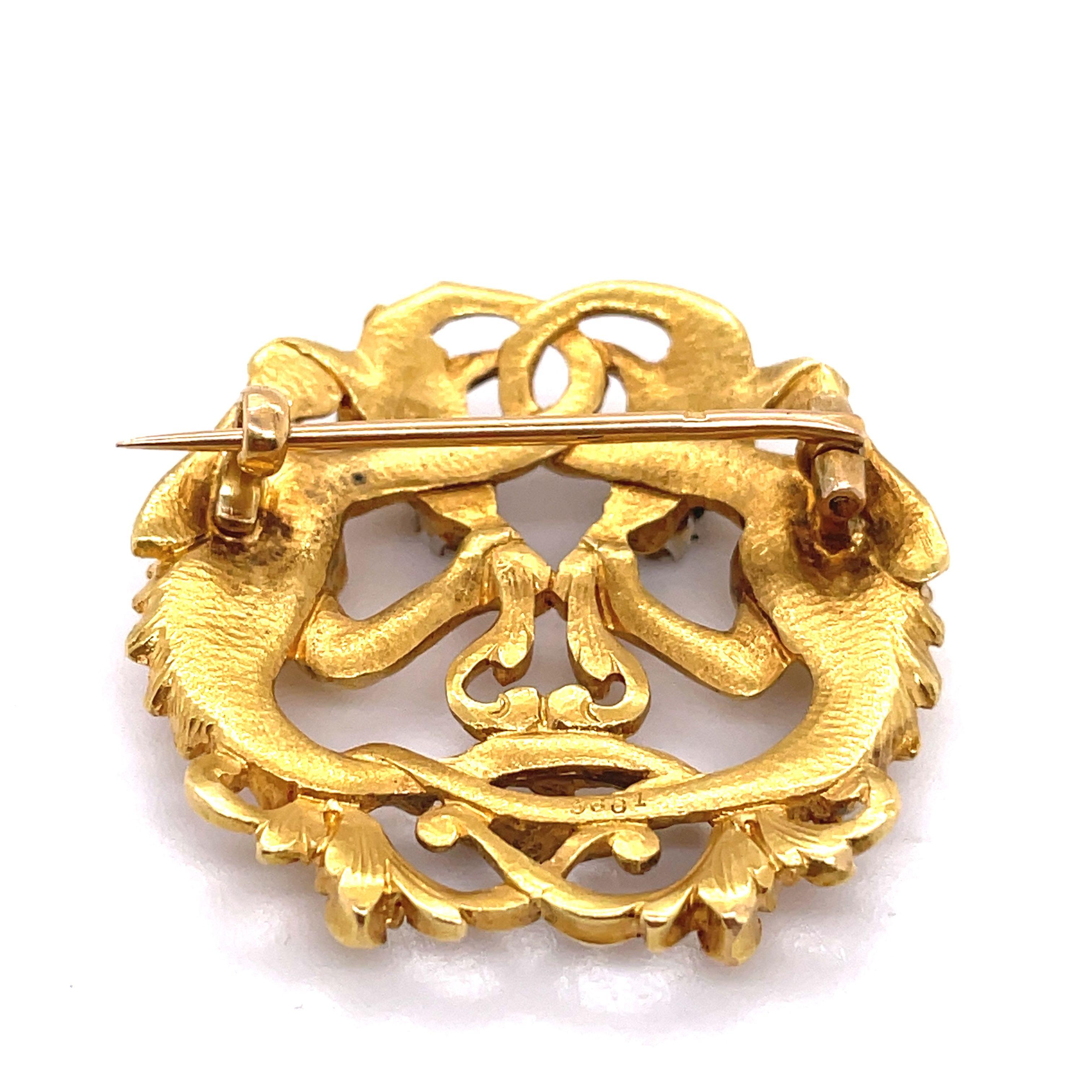 Antique Lion Gargoyle Brooch, 18K Yellow gold, 0.2CT Old Mine Diamonds brooch For Sale 5