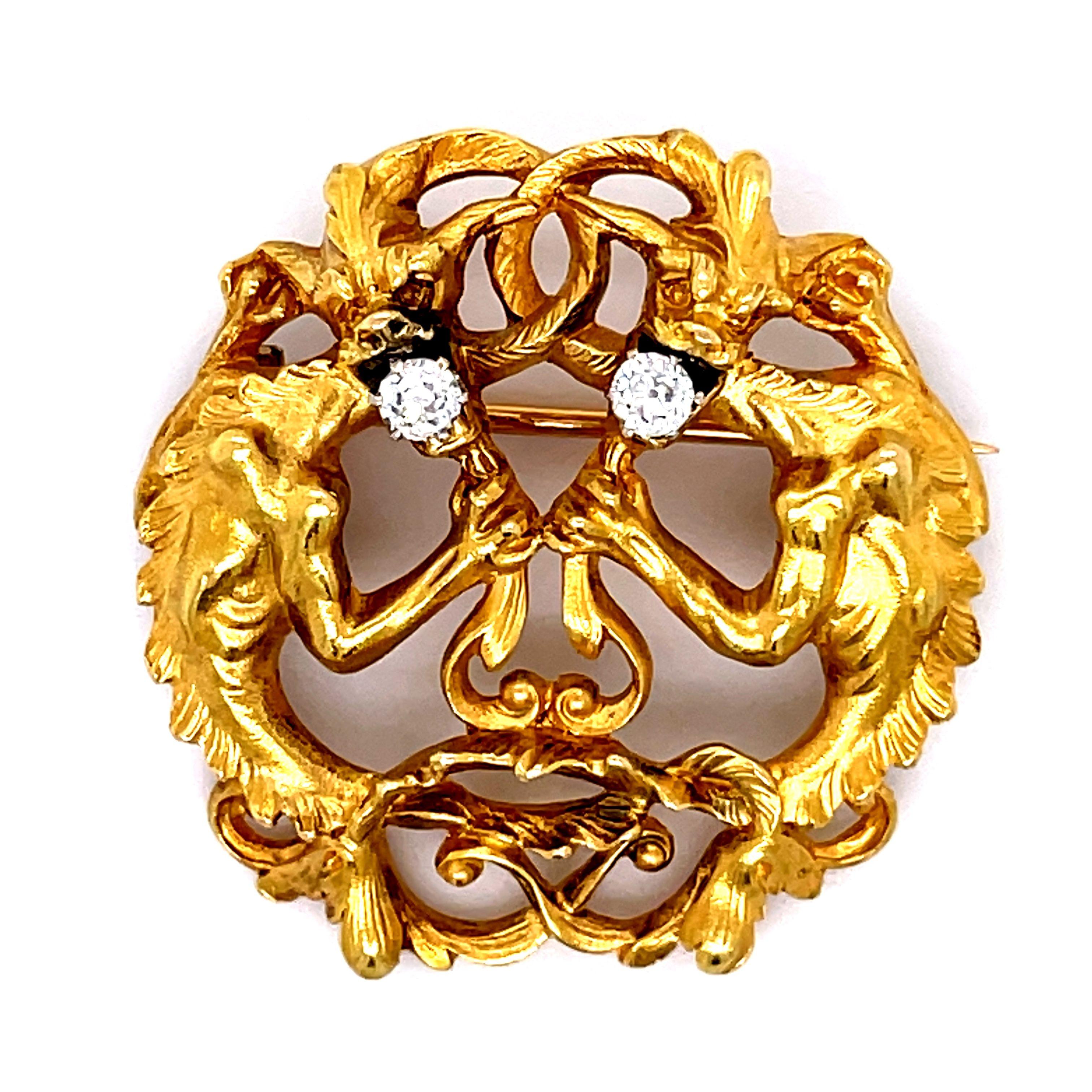Antique Lion Gargoyle Brooch, 18K Yellow gold, 0.2CT Old Mine Diamonds brooch For Sale 6